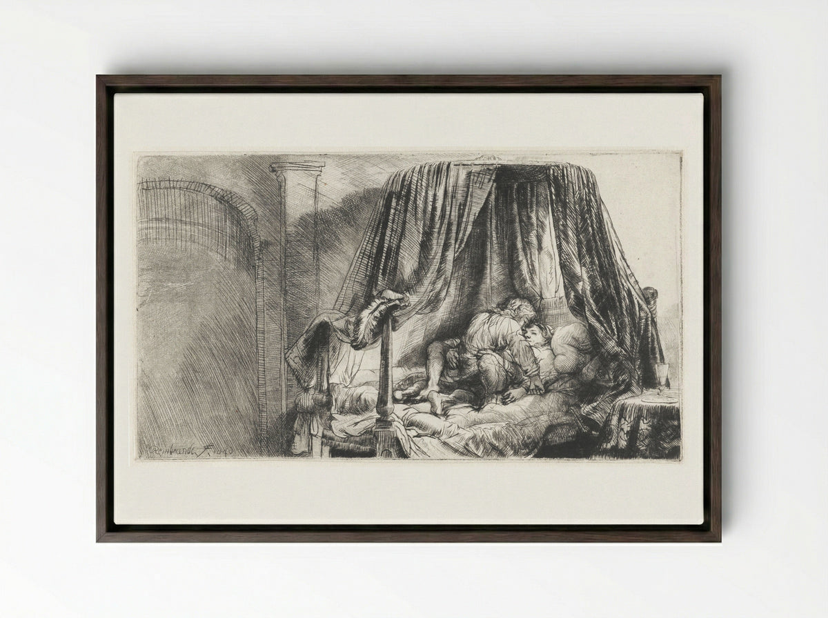 The Bedstead - Rembrandt van Rijn - Framed Canvas Dark Wood
