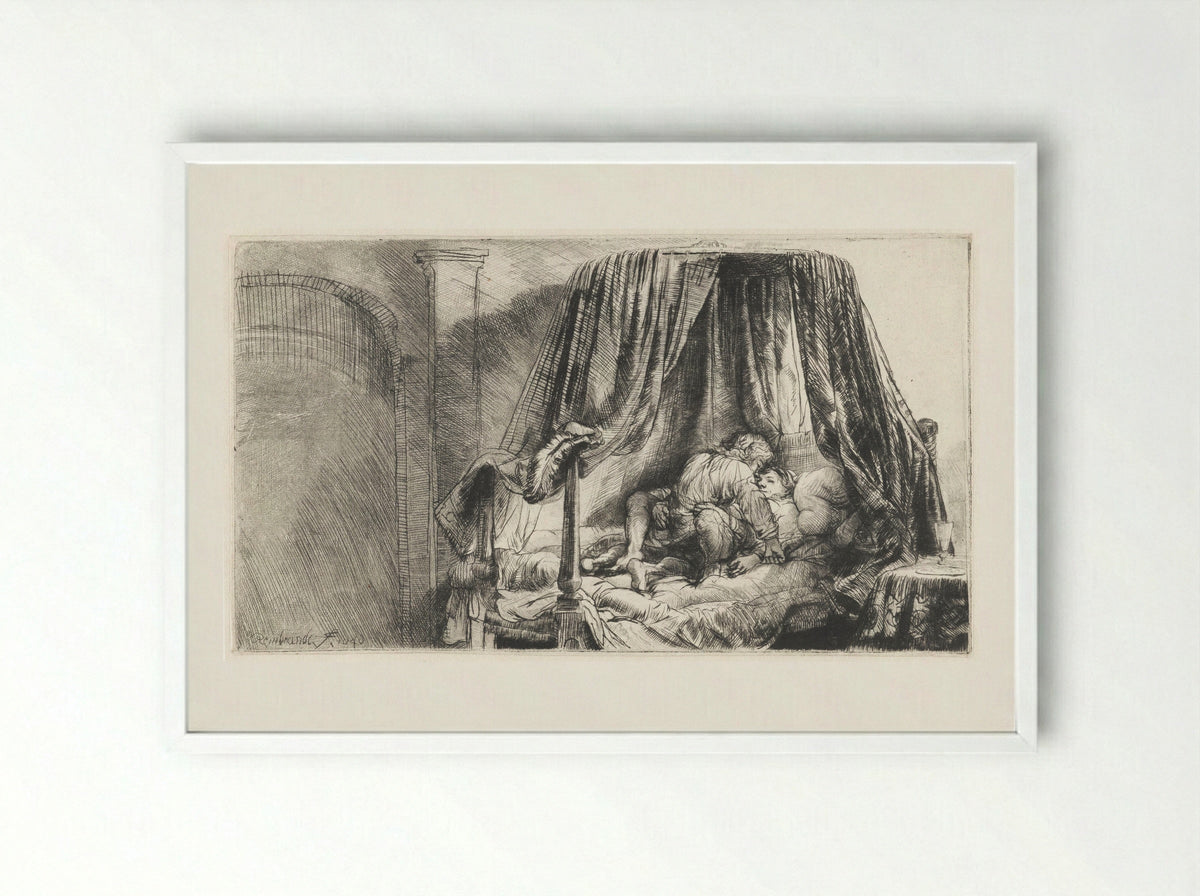 The Bedstead - Rembrandt van Rijn - Framed Print White