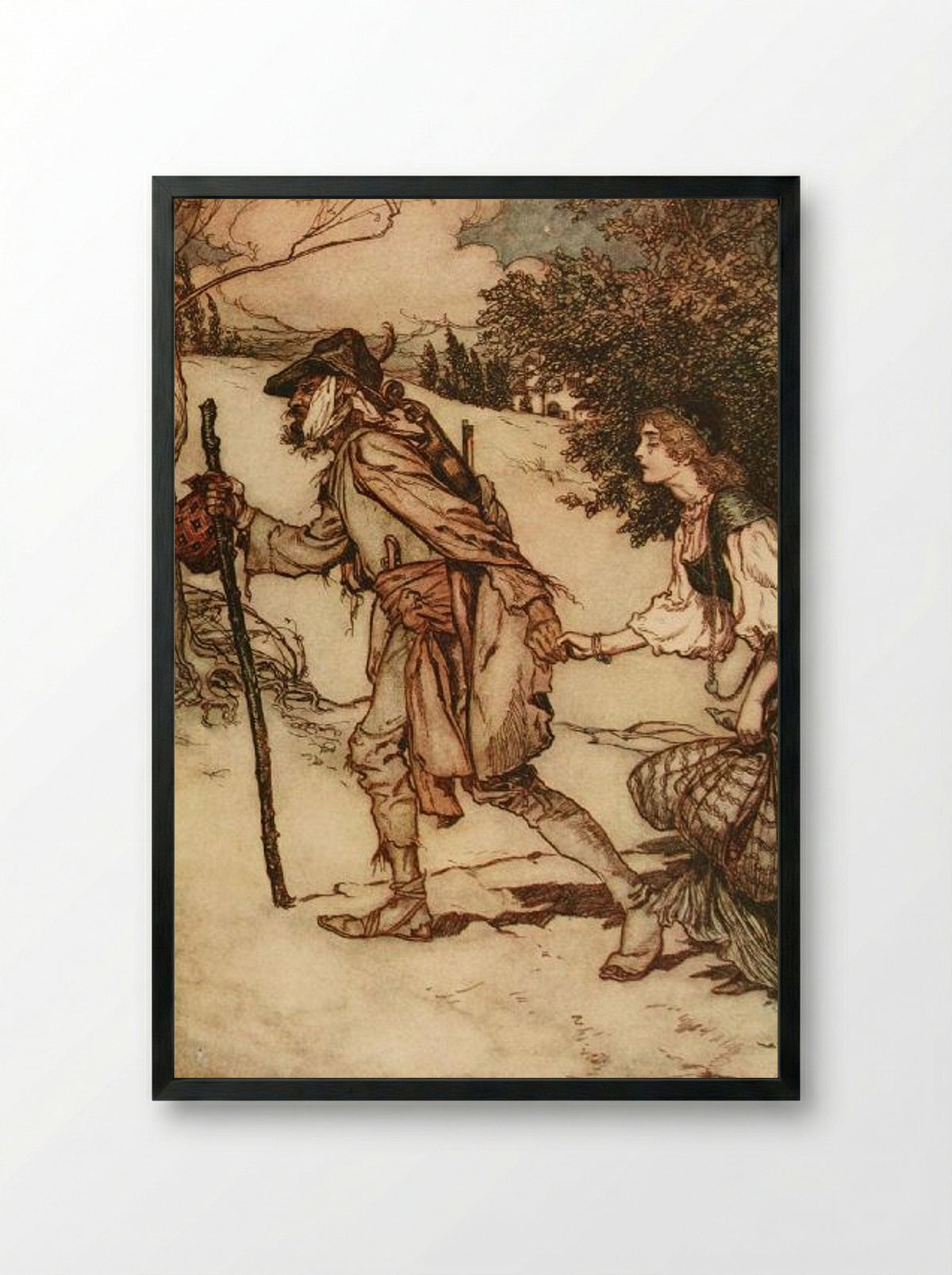 The Beggar took her by the hand and led her away - Arthur Rackham - Framed Print Black