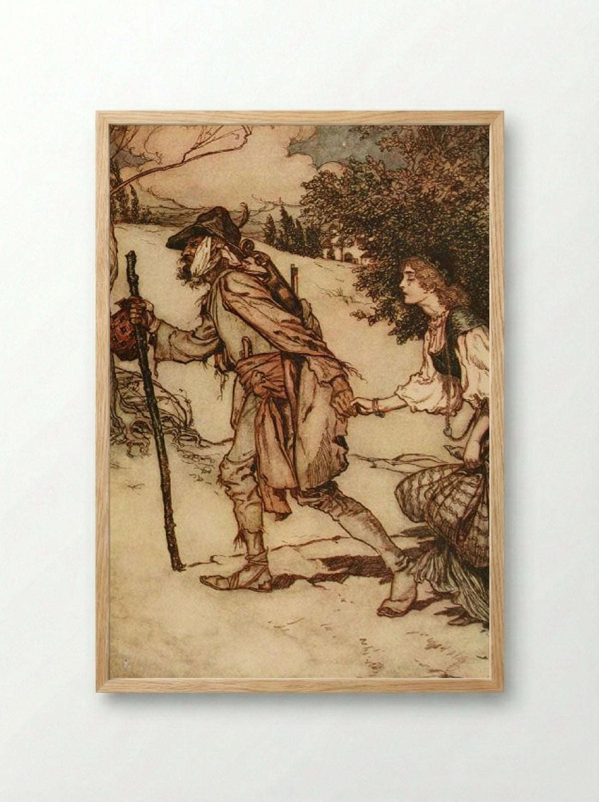 The Beggar took her by the hand and led her away - Arthur Rackham - Framed Print Wood