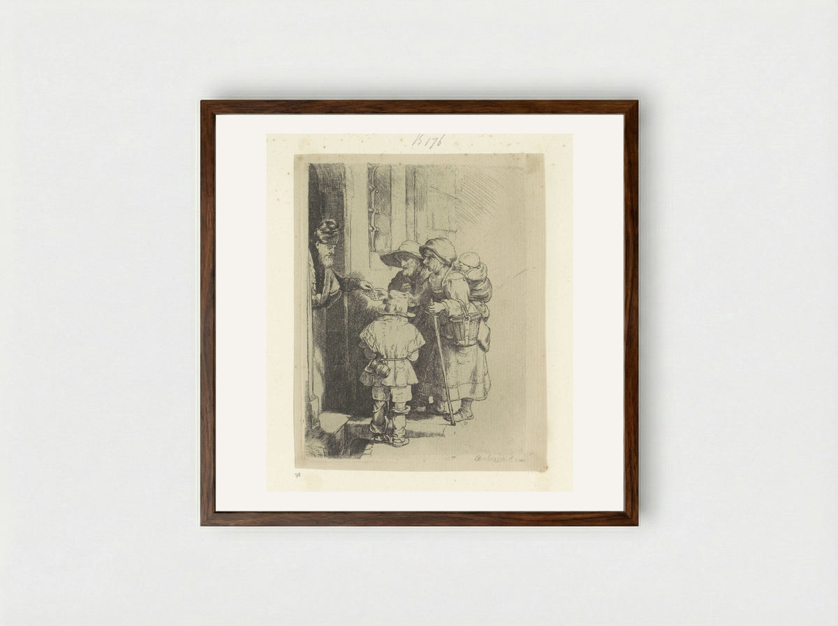 The Beggars Receiving Alms at the Door of a House - Rembrandt van Rijn - Framed Print Dark Wood