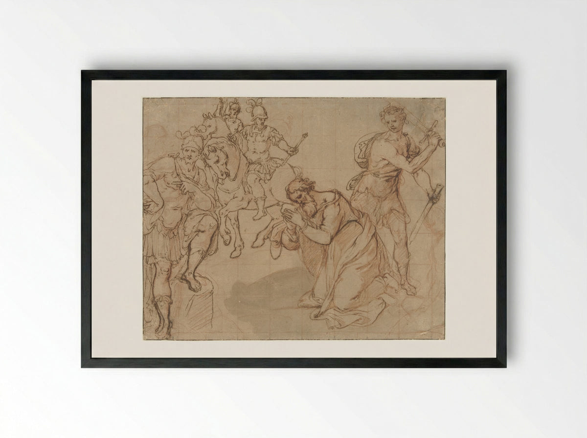 The Beheading of Saint Paul with Two Horsemen in the Background - Avanzino Nucci - Framed Print Black