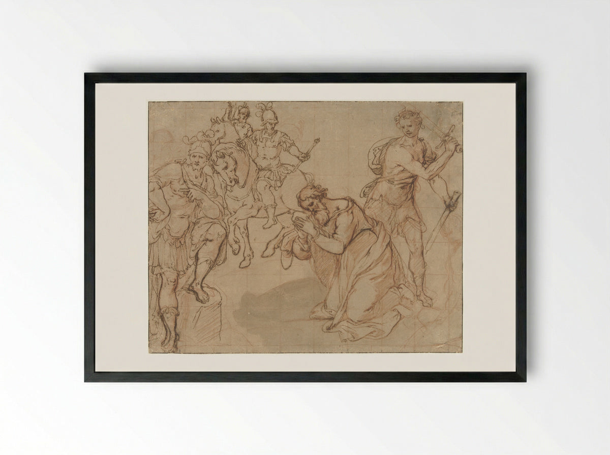 The Beheading of Saint Paul with Two Horsemen in the Background - Avanzino Nucci - Framed Print Black