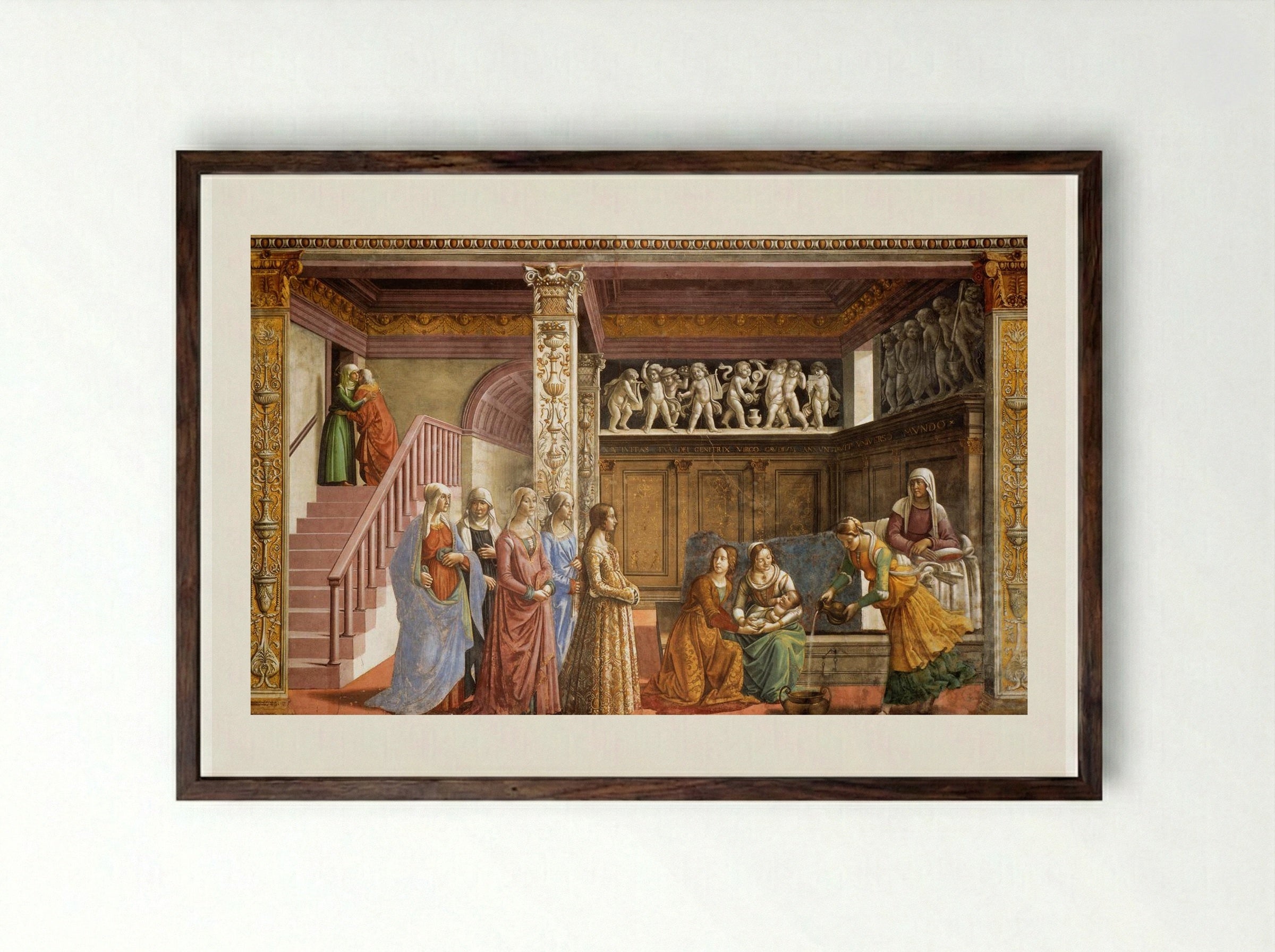 The Birth of the Virgin - Domenico Ghirlandaio - Framed Print Dark Wood