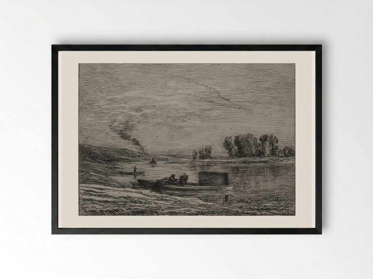 The Boat in Conflans - Charles François Daubigny - Framed Print Black