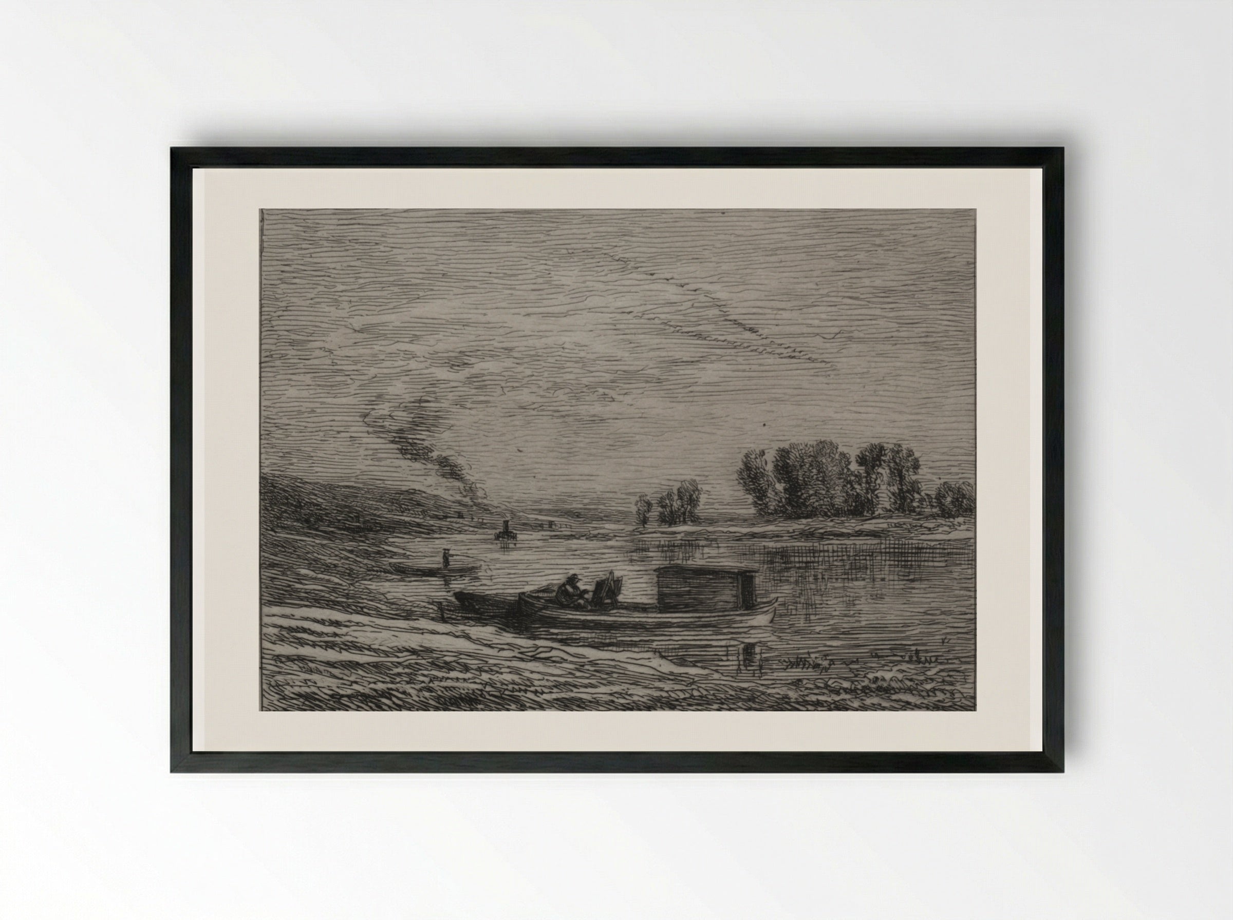 The Boat in Conflans - Charles François Daubigny - Framed Print Black