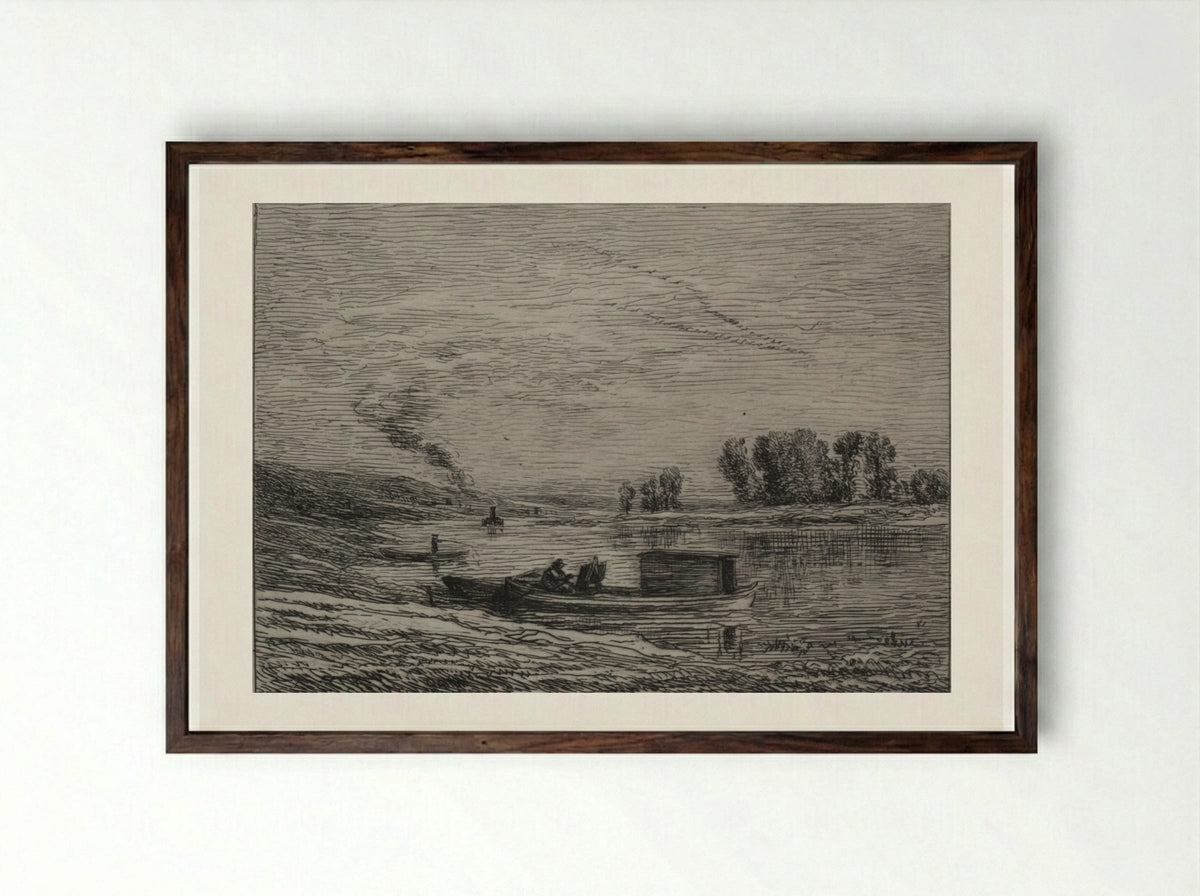 The Boat in Conflans - Charles François Daubigny - Framed Print Dark Wood