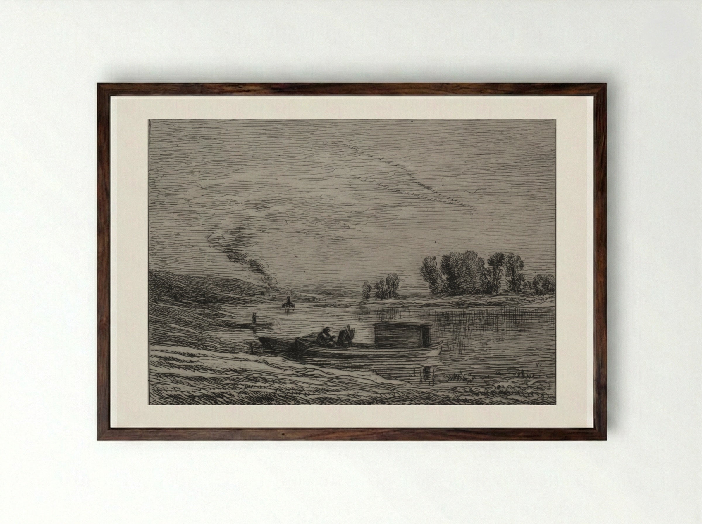 The Boat in Conflans - Charles François Daubigny - Framed Print Dark Wood