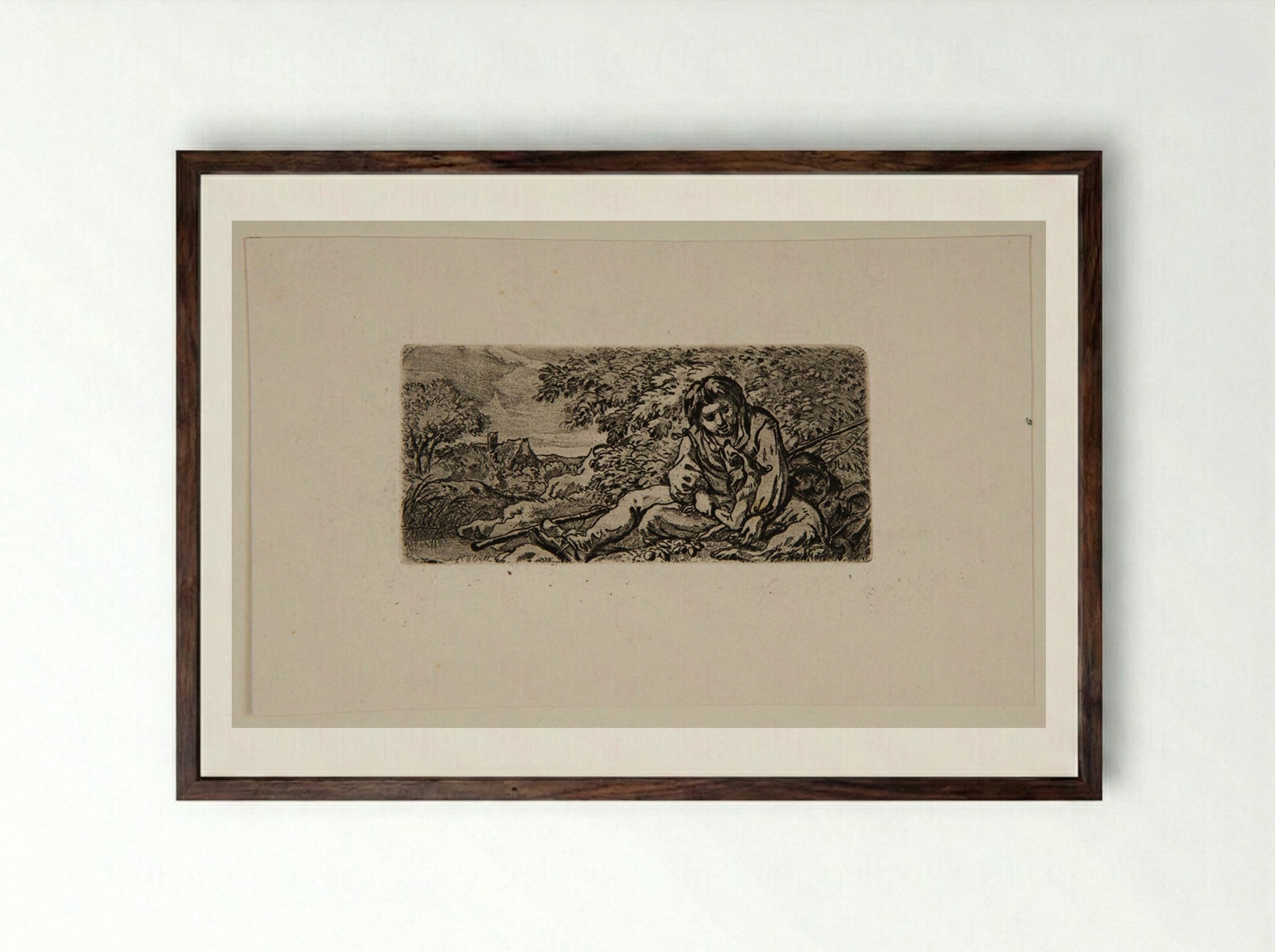 The Boy with His Dog - Ferdinand Kobell - Framed Print Dark Wood