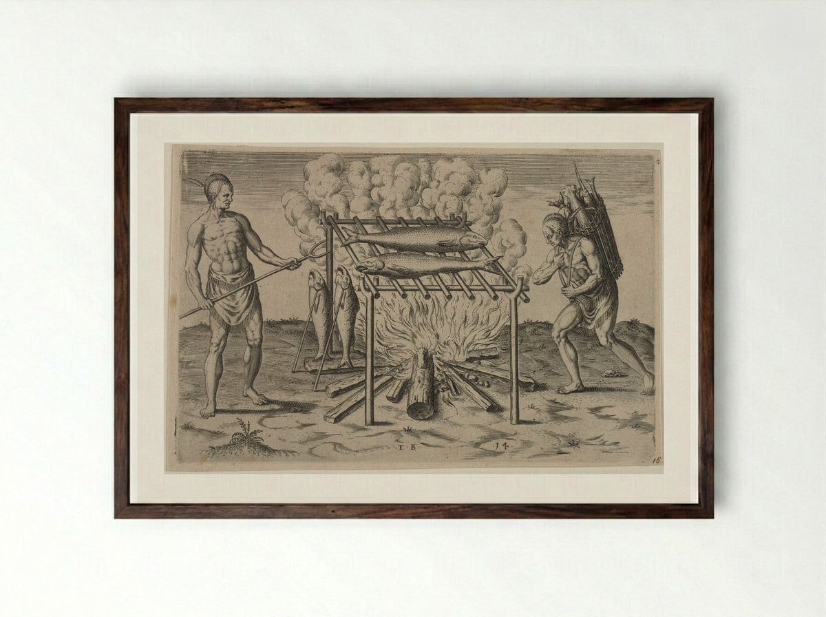 The Broiling of their Fish over the Flame - Theodor de Bry - Framed Print Dark Wood