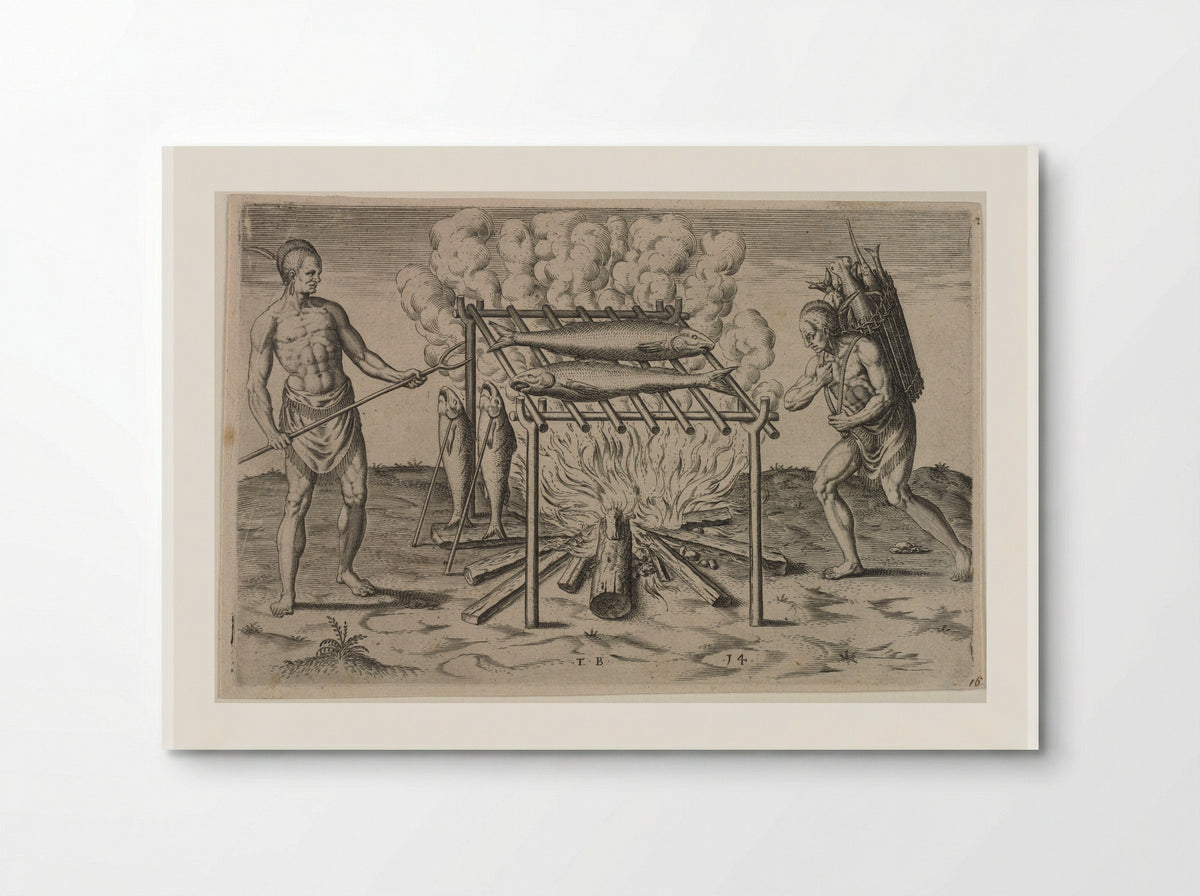 The Broiling of their Fish over the Flame - Theodor de Bry - Poster