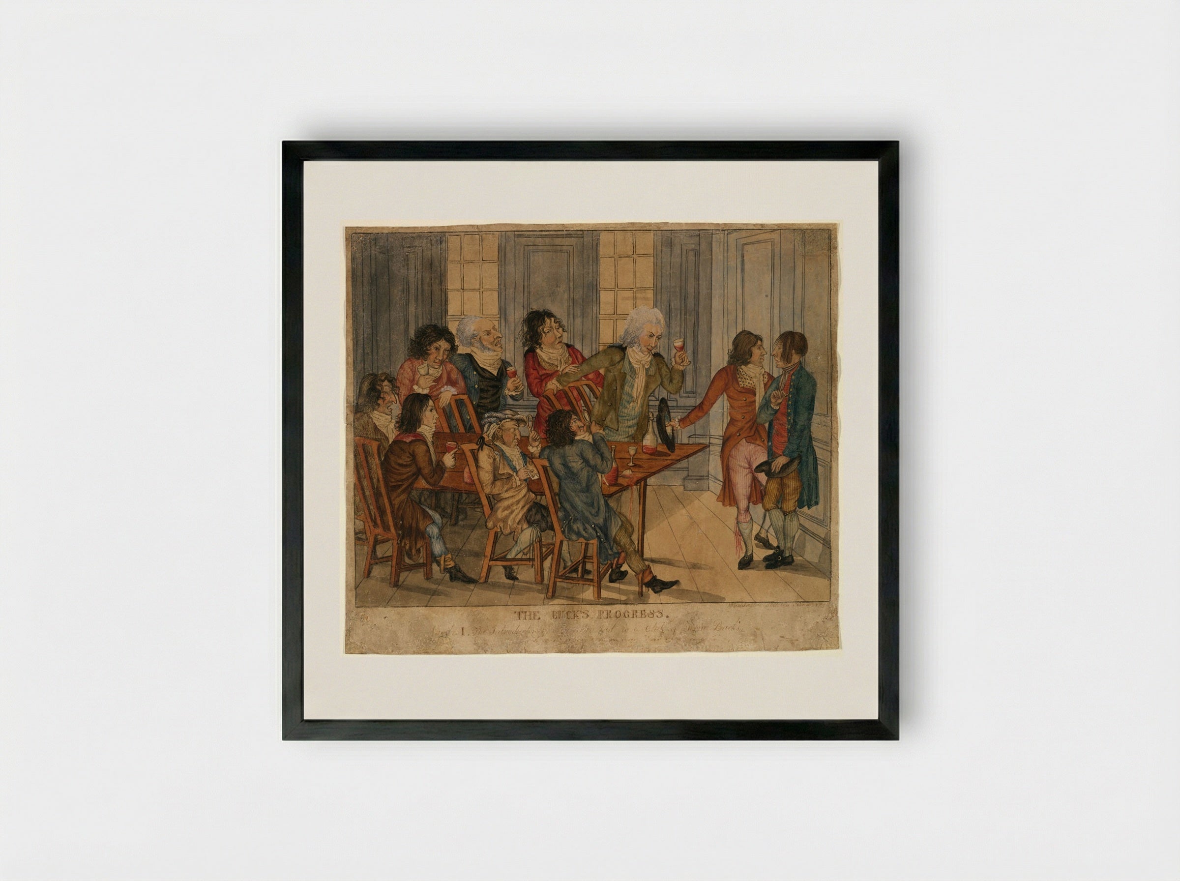 The Buck's Progress I: The Introduction of a Country Lad to a Club of Town Bucks - Washington Allston - Framed Print Black