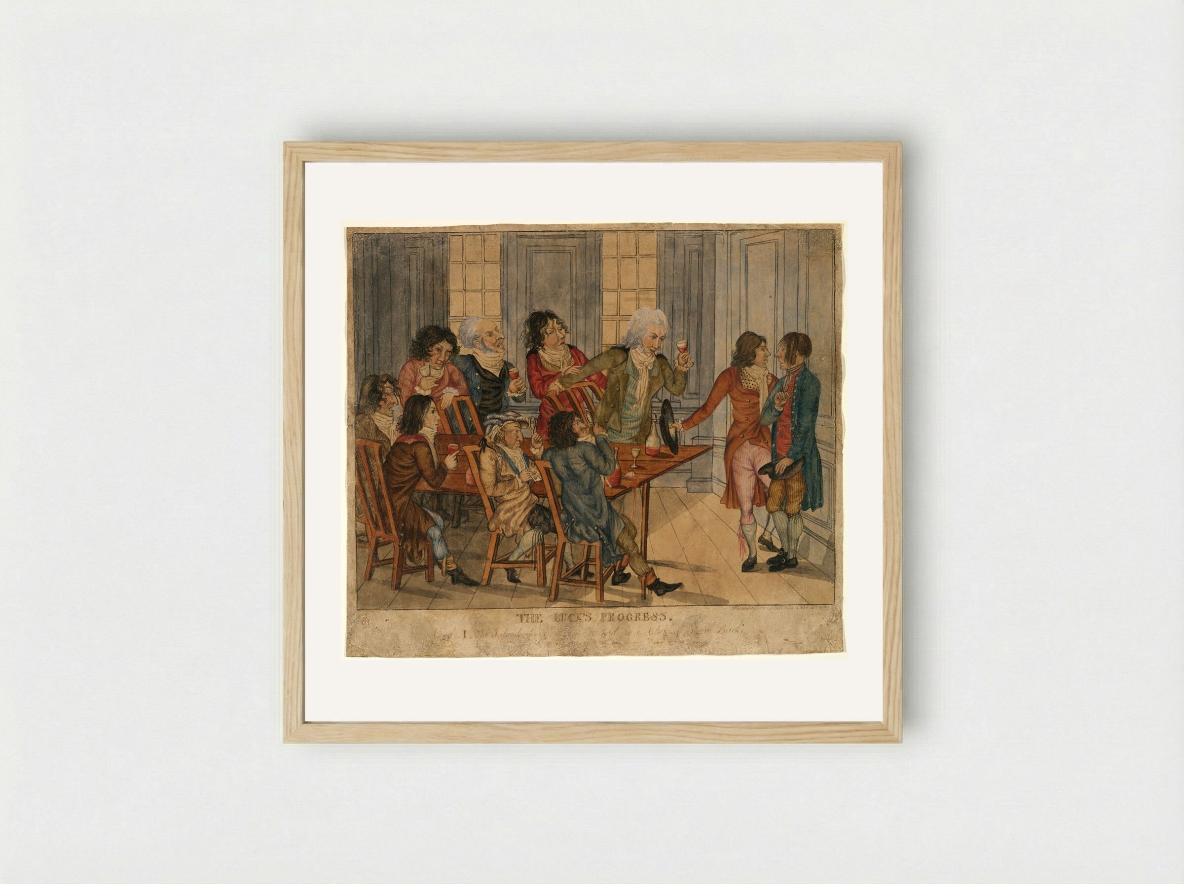 The Buck's Progress I: The Introduction of a Country Lad to a Club of Town Bucks - Washington Allston - Framed Print Wood