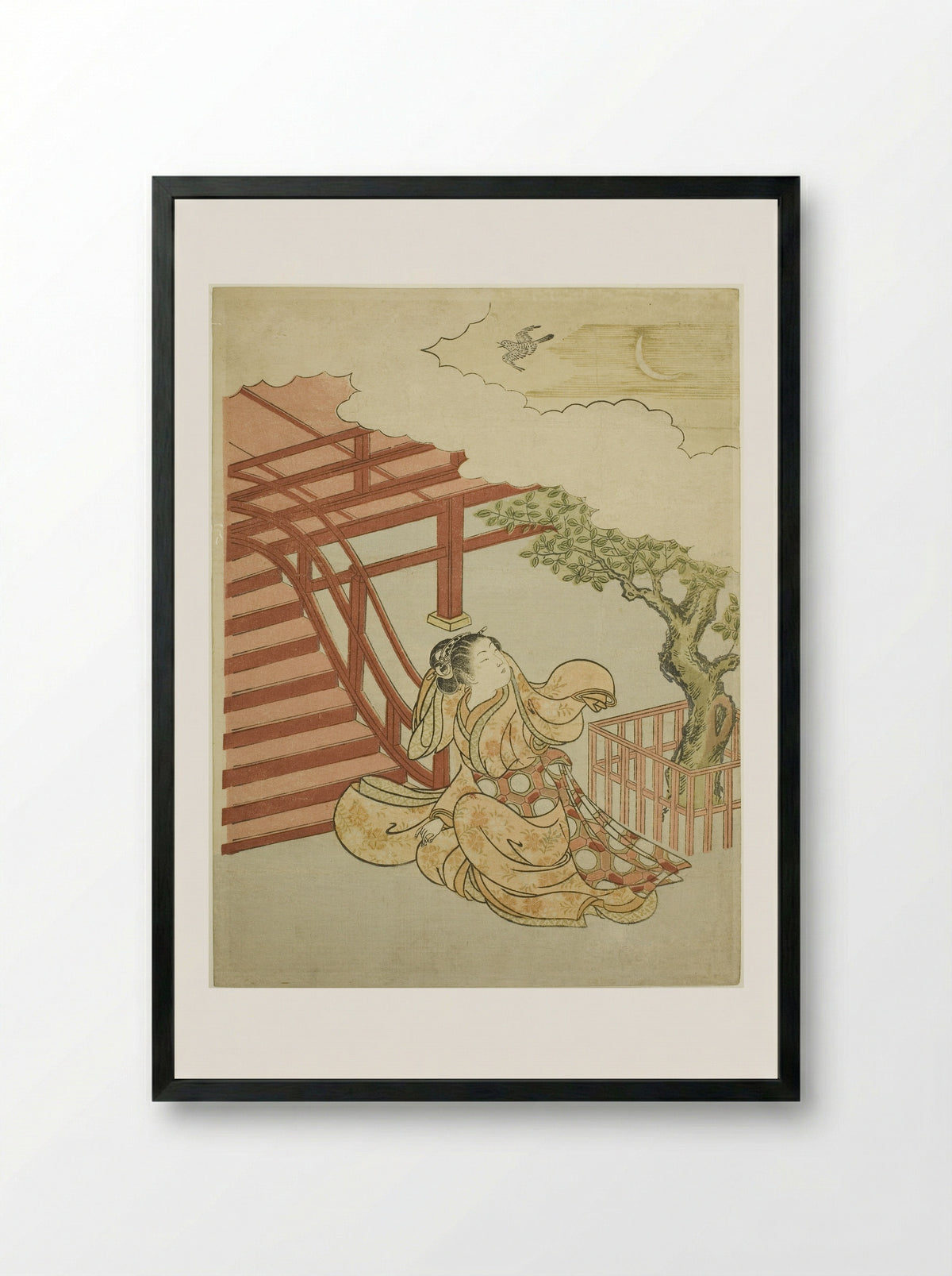 The Call of the Cuckoo from above the Clouds - Suzuki Harunobu - Framed Print Black