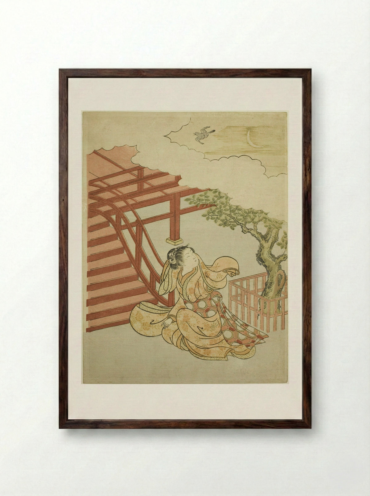 The Call of the Cuckoo from above the Clouds - Suzuki Harunobu - Framed Print Dark Wood