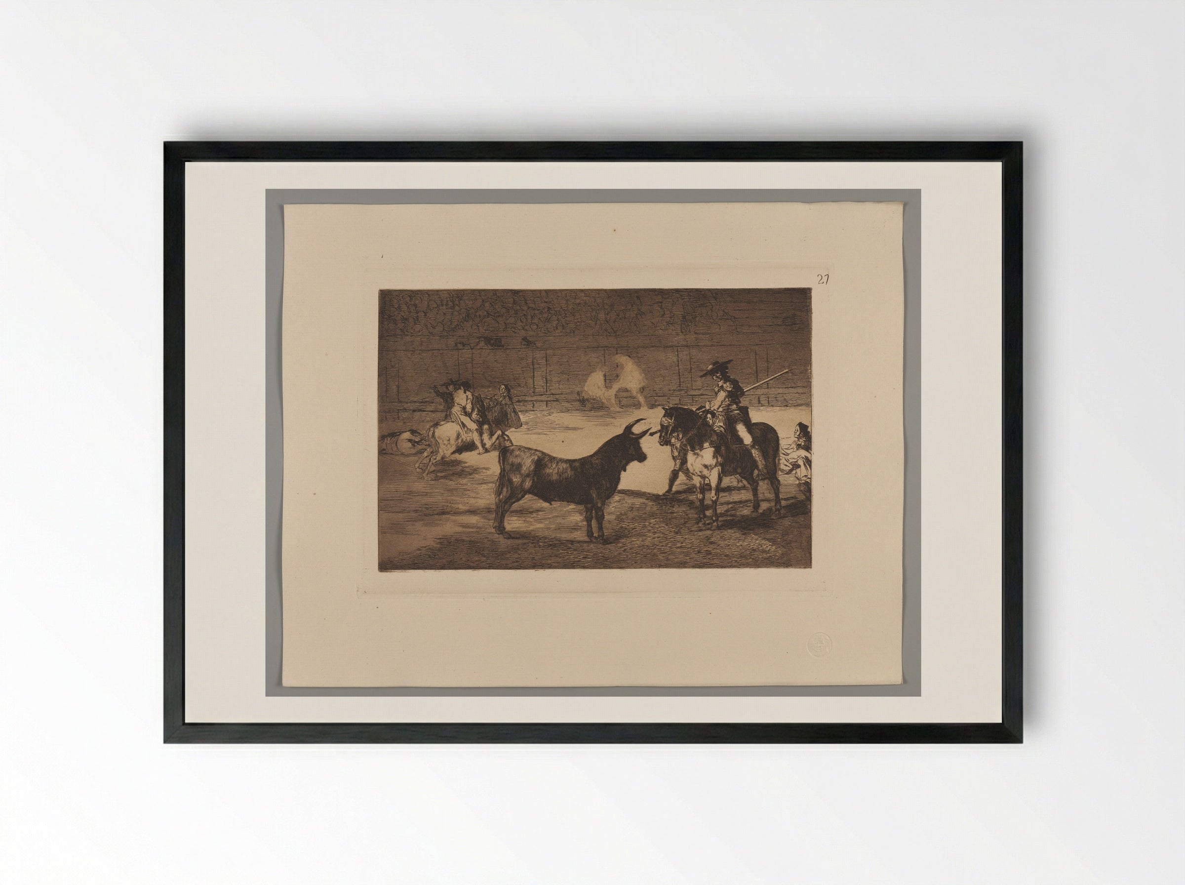 The Celebrated Picador, Fernando del Toro, Draws the Fierce Beast On with His Pique - Francisco José de Goya y Lucientes - Framed Print Black