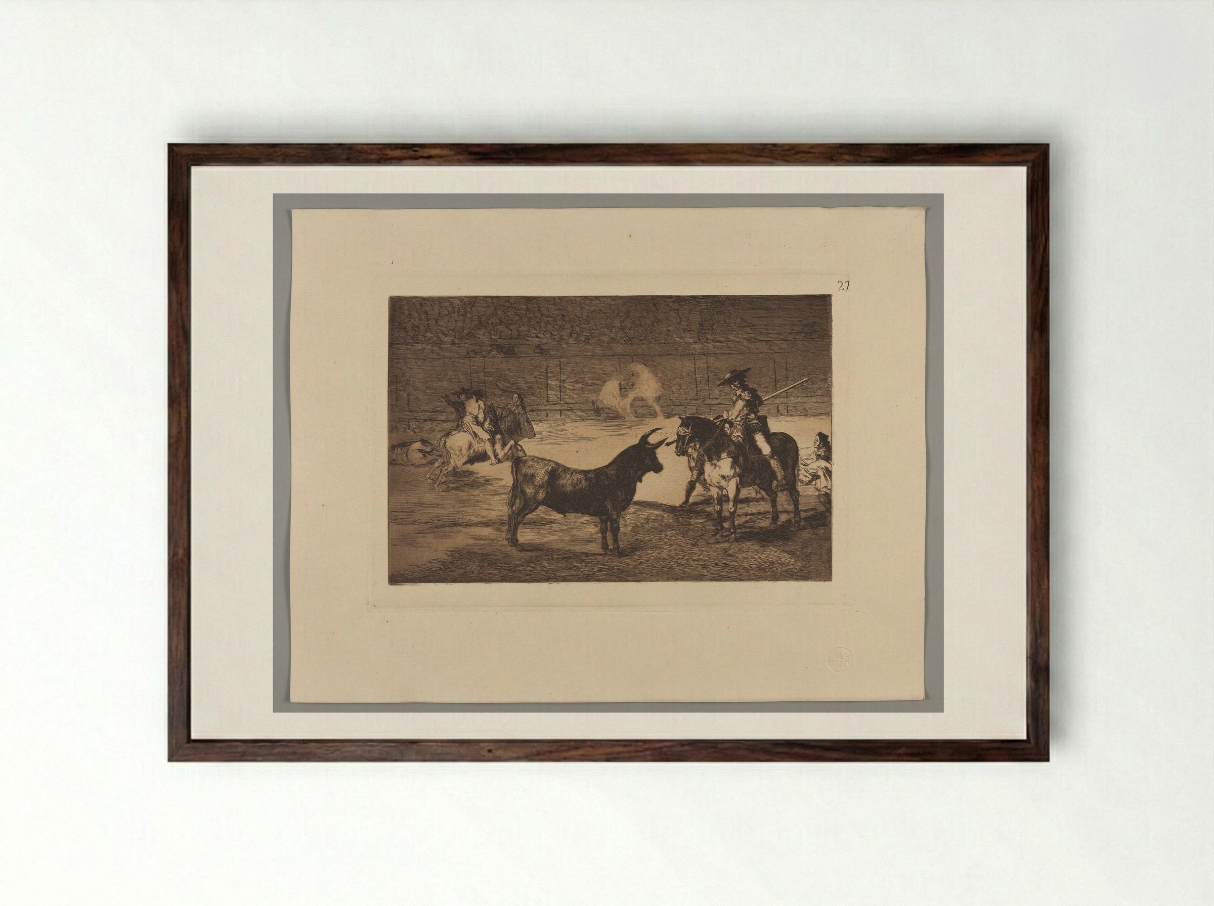 The Celebrated Picador, Fernando del Toro, Draws the Fierce Beast On with His Pique - Francisco José de Goya y Lucientes - Framed Print Dark Wood