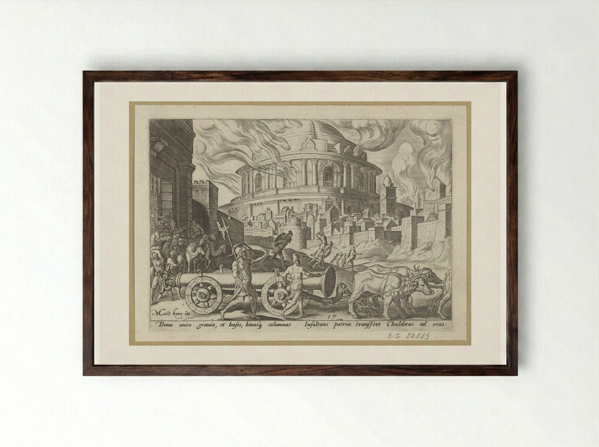 The Chaldeans Carrying Away the Pillars of the Temple of Jerusalem - Philips Galle - Framed Print Dark Wood