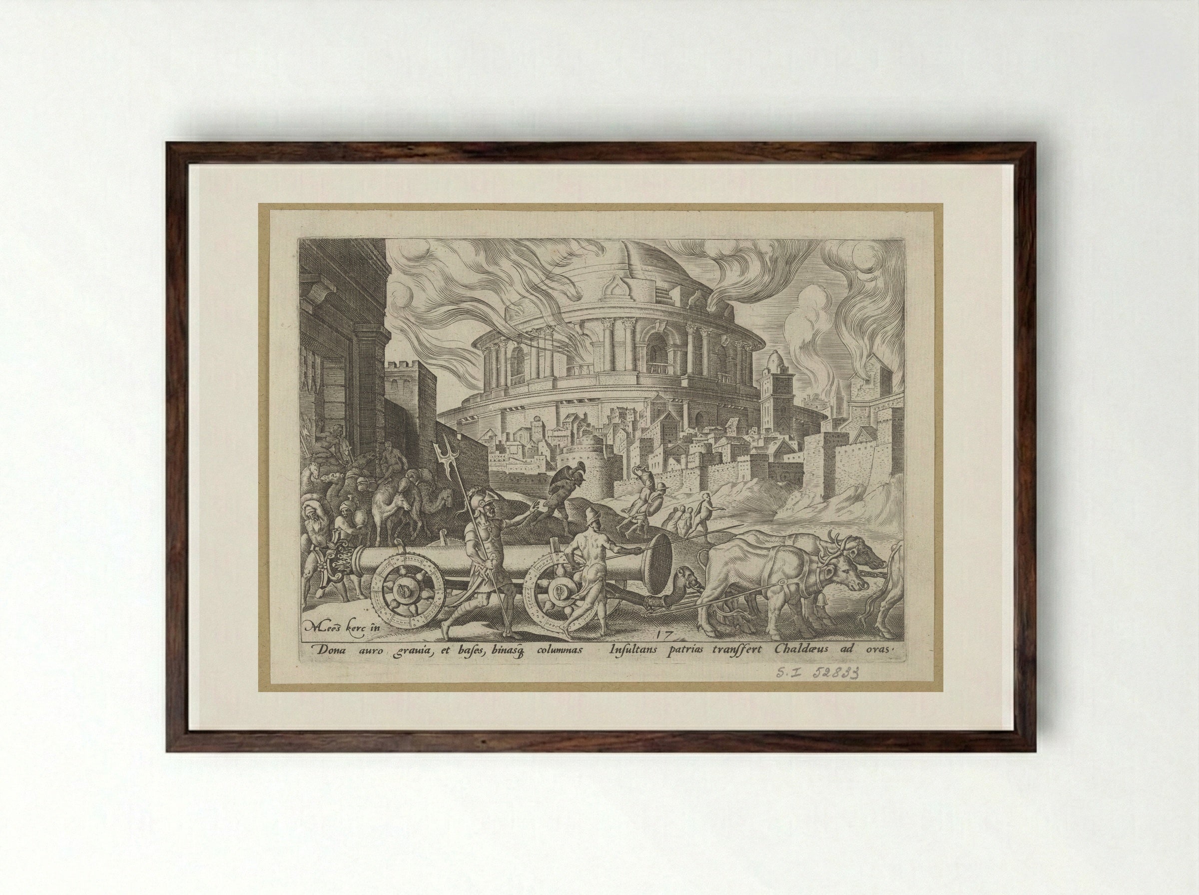 The Chaldeans Carrying Away the Pillars of the Temple of Jerusalem - Philips Galle - Framed Print Dark Wood