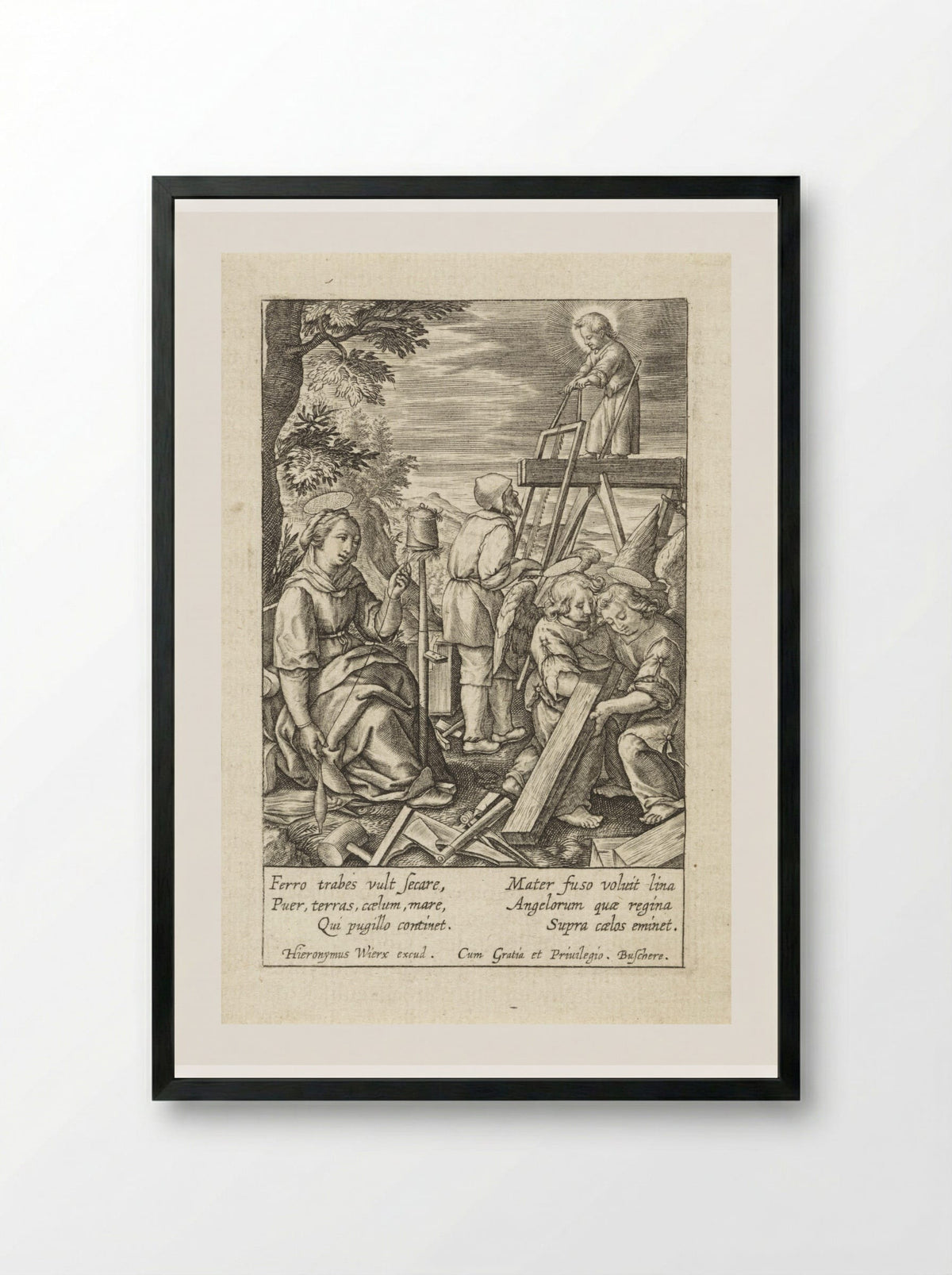 The Christ Child Helping Joseph with Sawing - Hieronymus Wierix - Framed Print Black