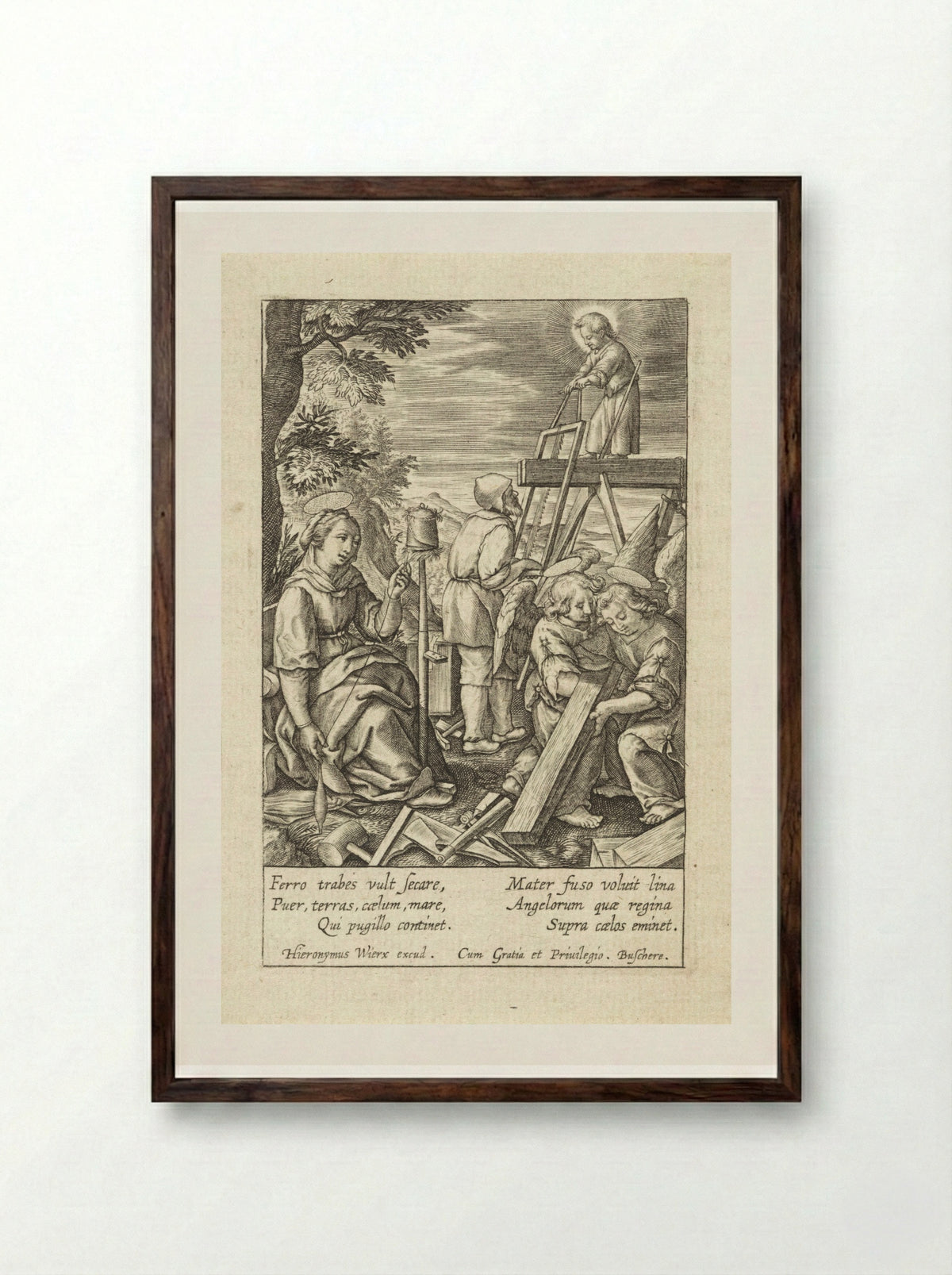 The Christ Child Helping Joseph with Sawing - Hieronymus Wierix - Framed Print Dark Wood