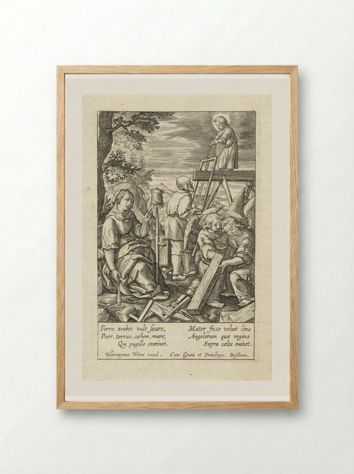The Christ Child Helping Joseph with Sawing - Hieronymus Wierix - Framed Print Wood