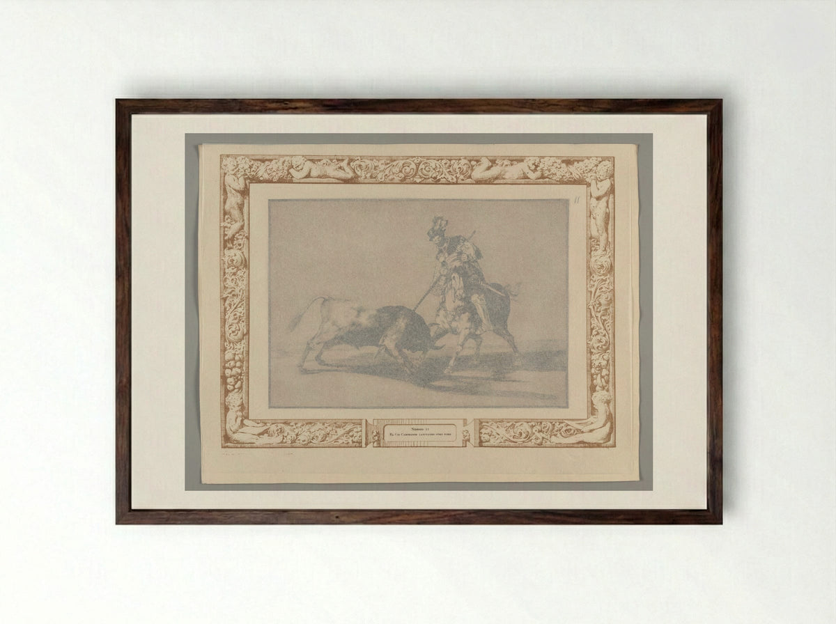 The Cid Campeador Spearing Another Bull - Francisco José de Goya y Lucientes - Framed Print Dark Wood