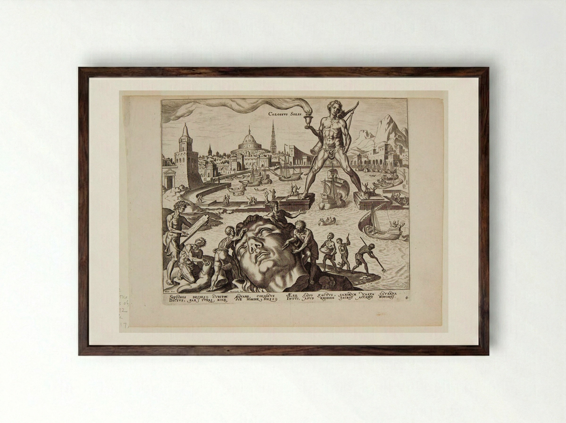 The Colossus of Rhodes - Philips Galle - Framed Print Dark Wood