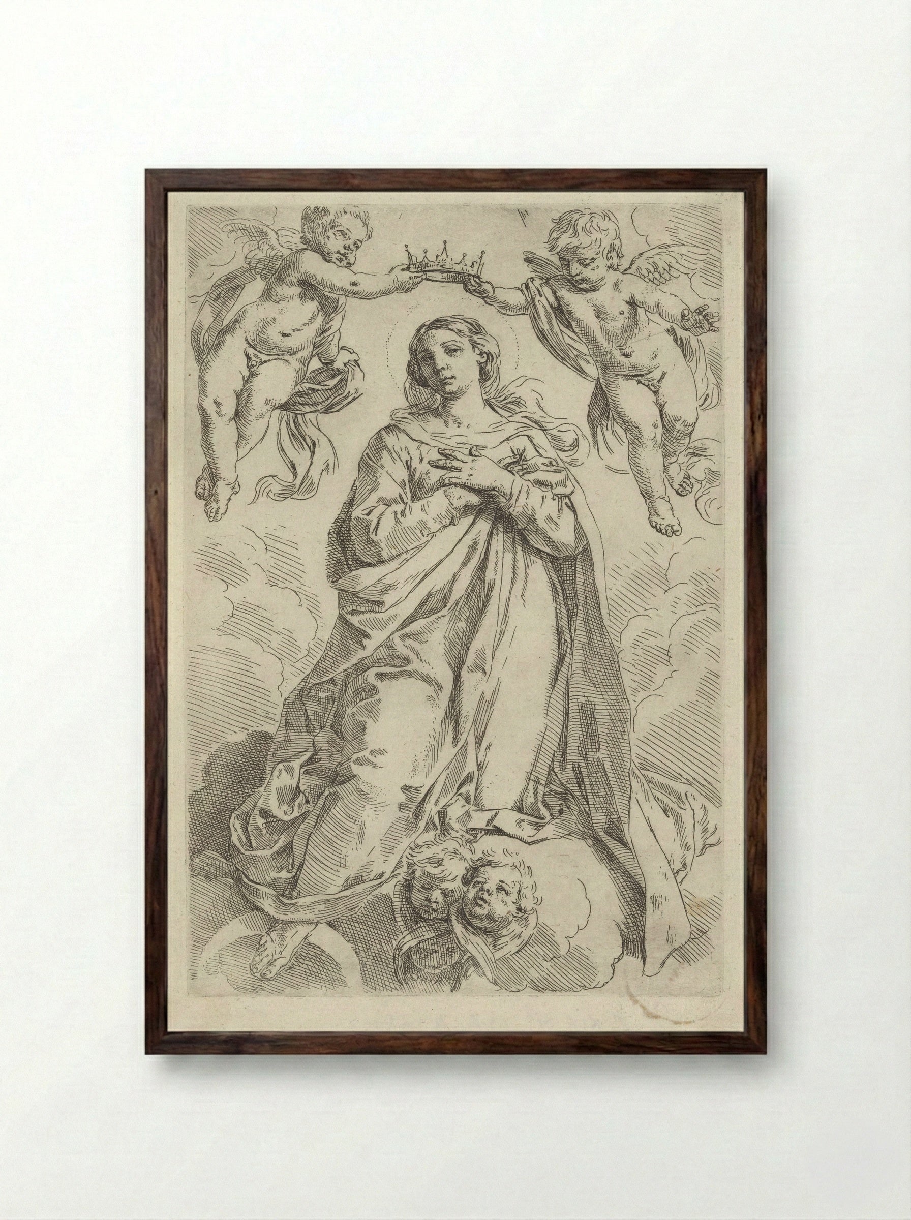 The Coronation of the Virgin on a Crescent Moon - Simone Cantarini - Framed Print Dark Wood