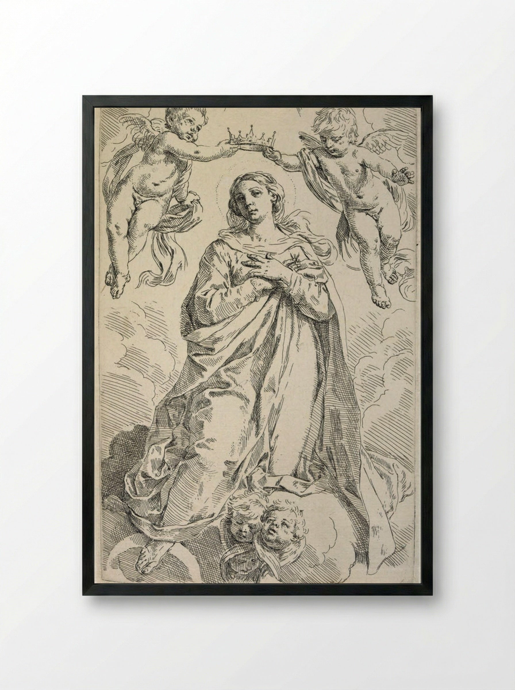 The Coronation of the Virgin with Two Angels - Simone Cantarini - Framed Print Black