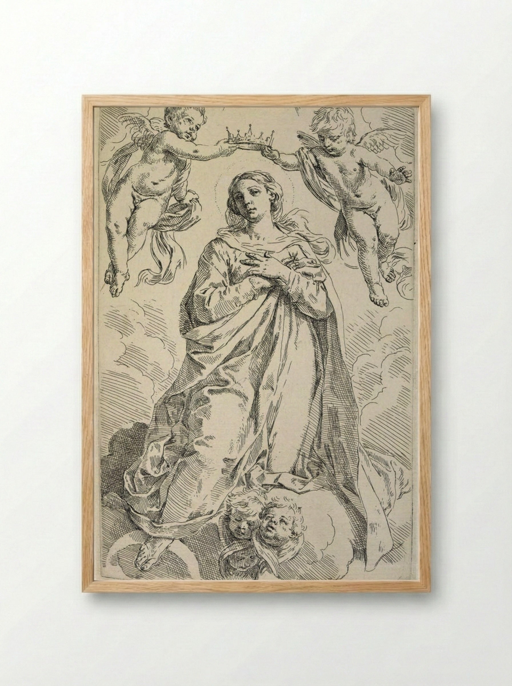The Coronation of the Virgin with Two Angels - Simone Cantarini - Framed Print Wood