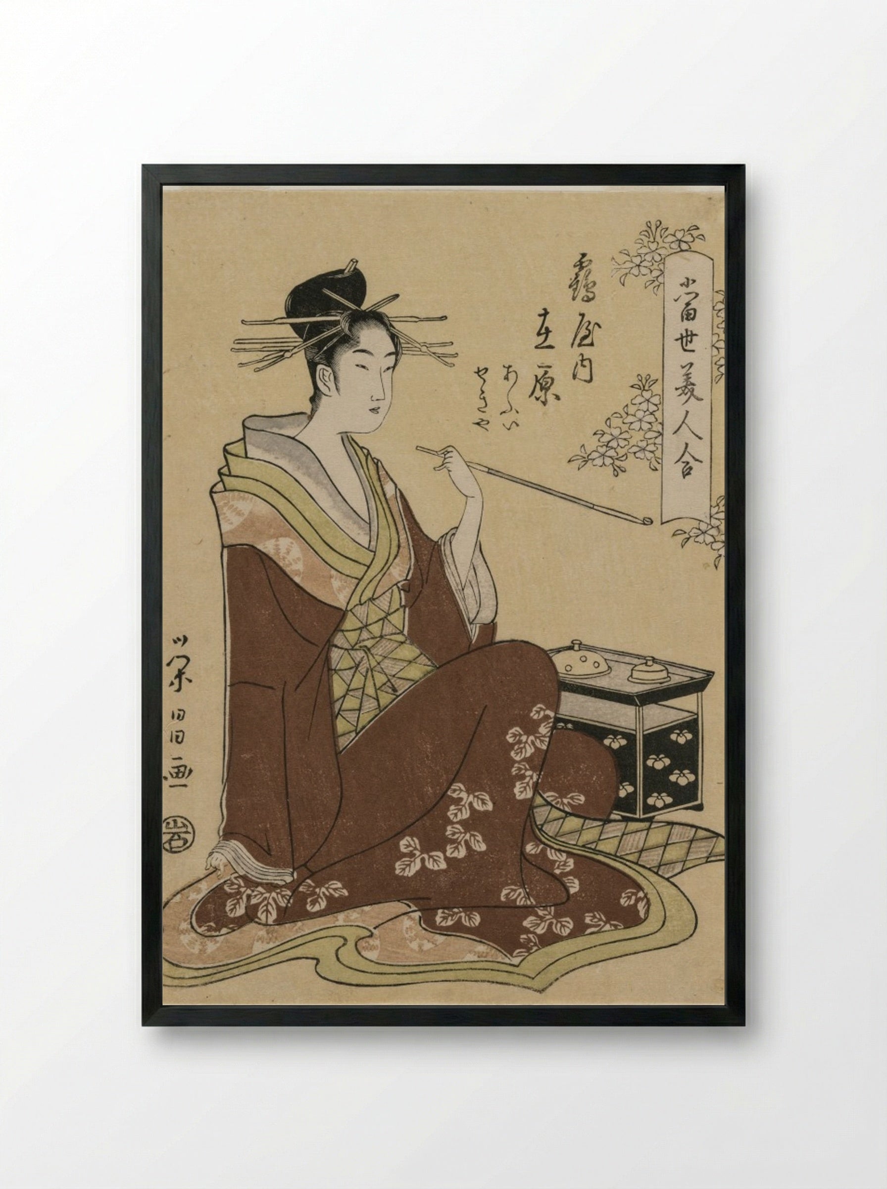 The Courtesan Ariwara of the Tsuruya Seated by a Smoking Chest - Chōbunsai Eishi - Framed Print Black