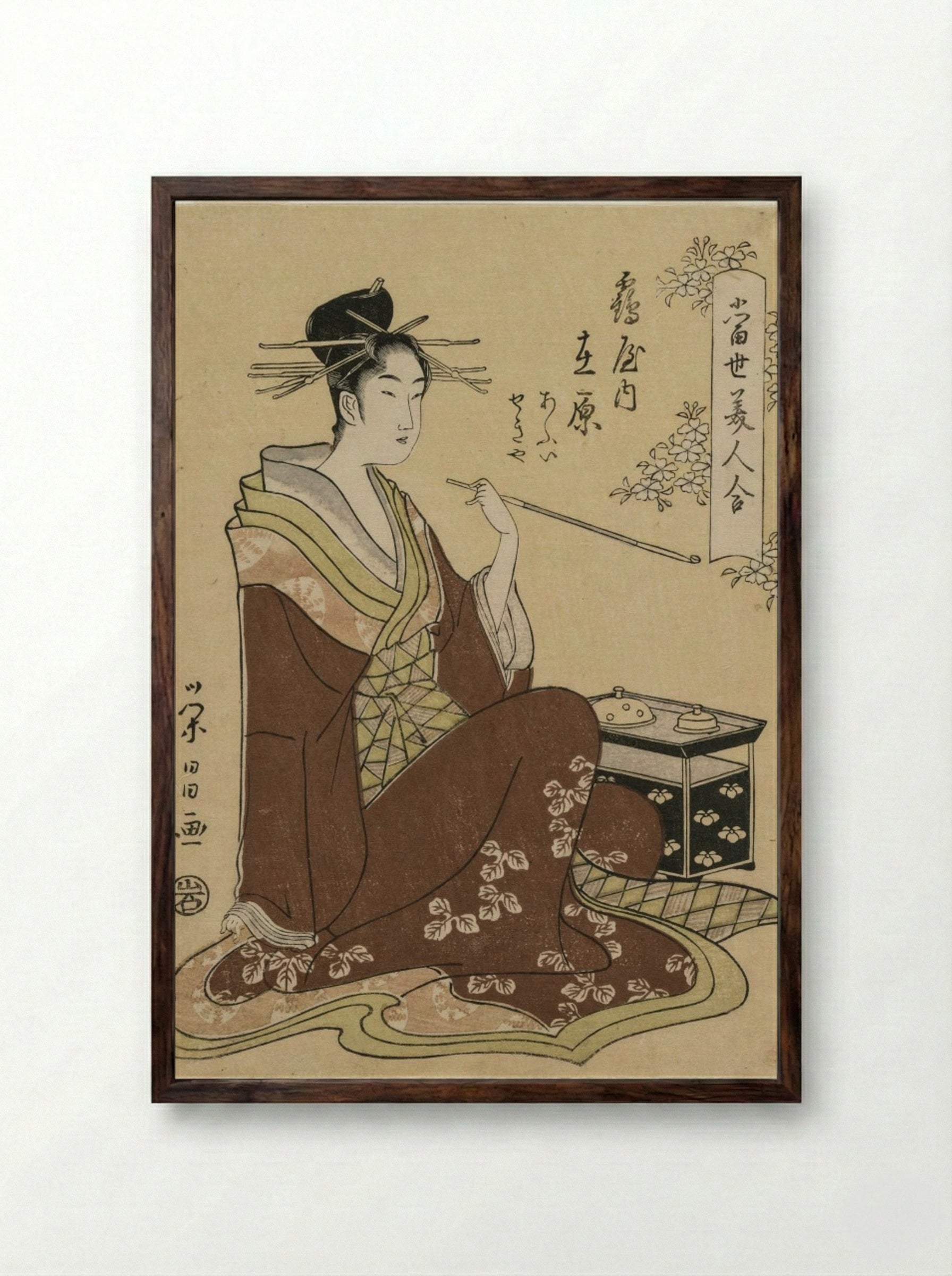 The Courtesan Ariwara of the Tsuruya Seated by a Smoking Chest - Chōbunsai Eishi - Framed Print Dark Wood