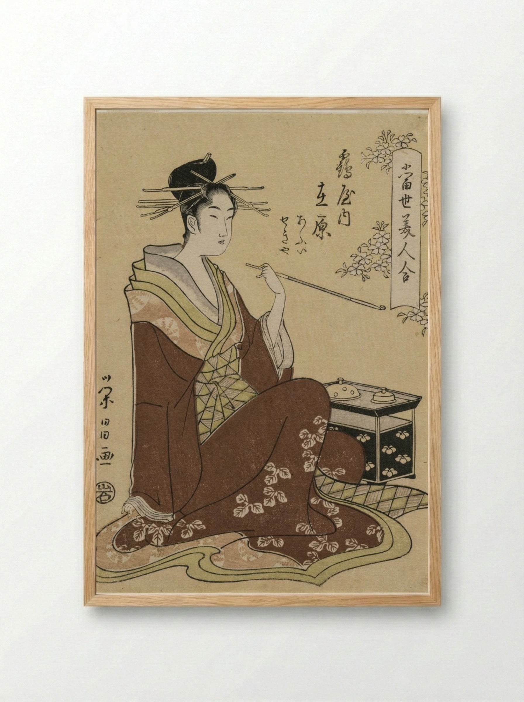The Courtesan Ariwara of the Tsuruya Seated by a Smoking Chest - Chōbunsai Eishi - Framed Print Wood