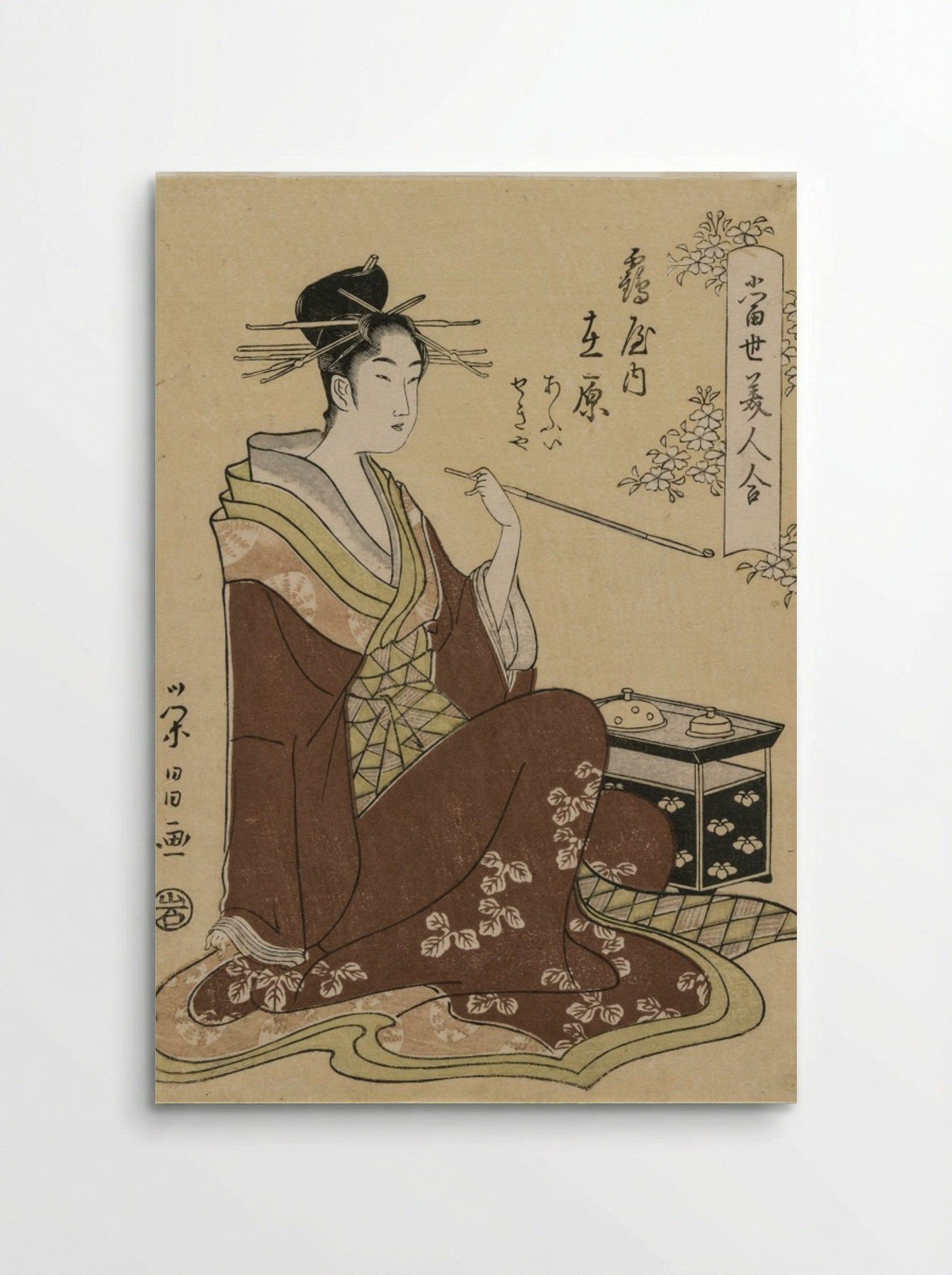 The Courtesan Ariwara of the Tsuruya Seated by a Smoking Chest - Chōbunsai Eishi - Poster