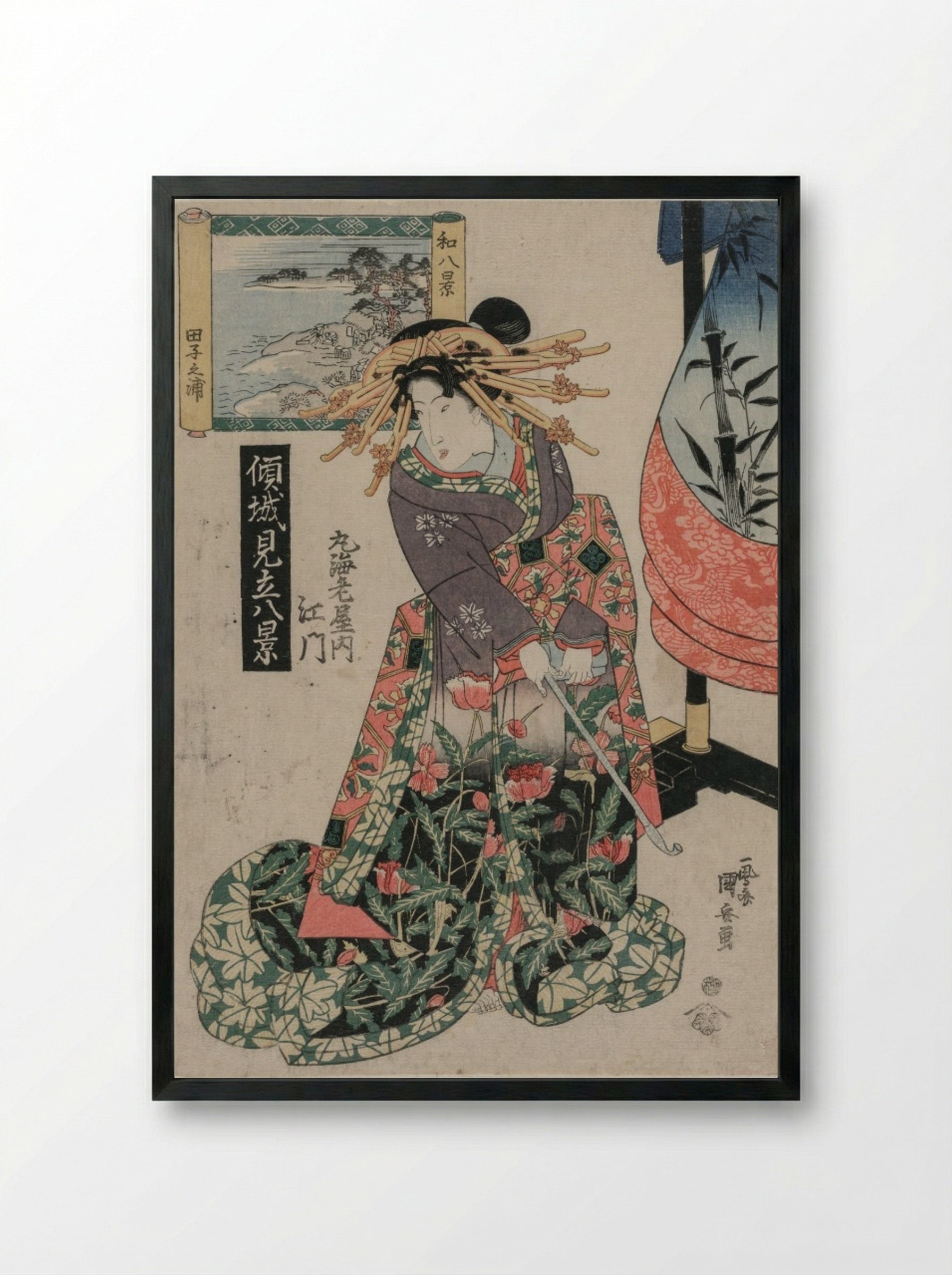 The Courtesan Emon of Maruebiya with a View of Tago Bay - Utagawa Kuniyasu - Framed Print Black