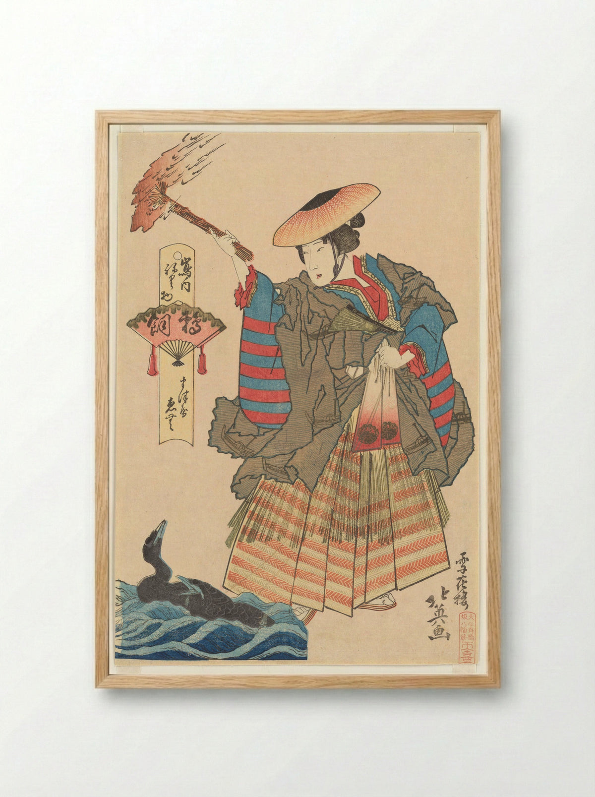 The Courtesan Emu of the Matsuya Brothel as a Cormorant Fisherwoman - Shunbaisai Hokuei - Framed Print Wood