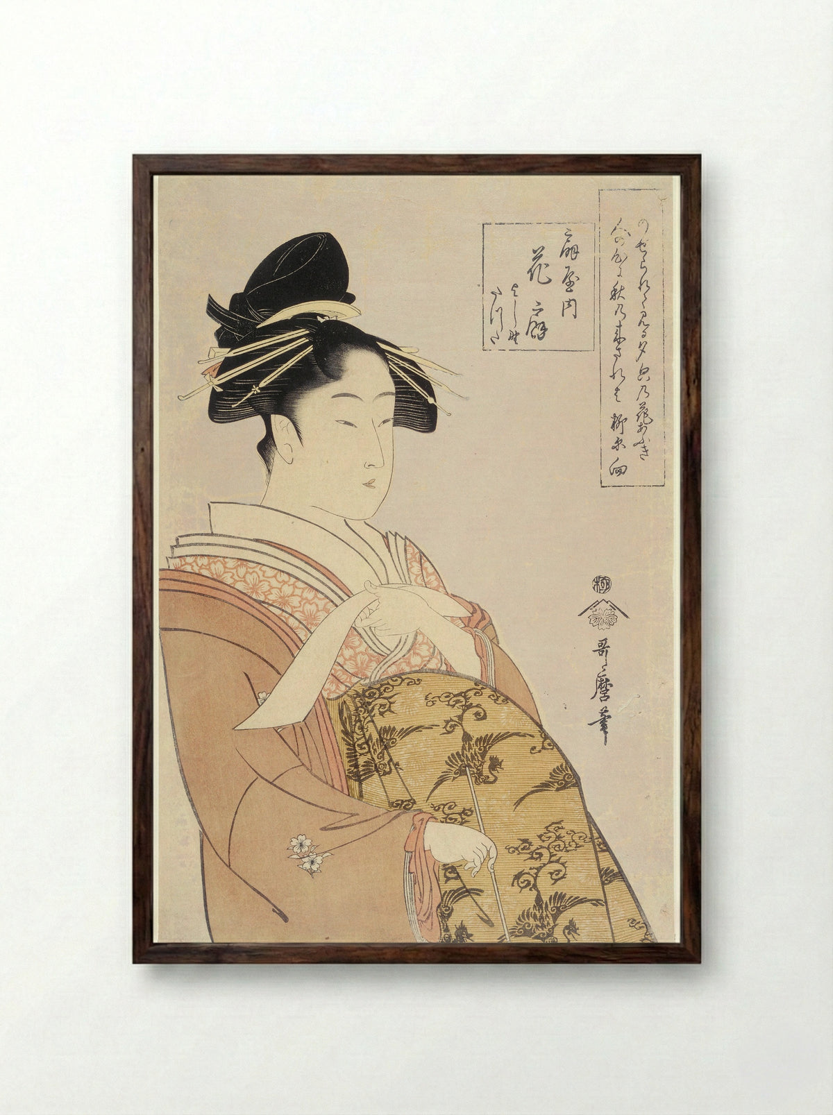 The Courtesan Hisui of the Fan House - Kitagawa Utamaro - Framed Print Dark Wood