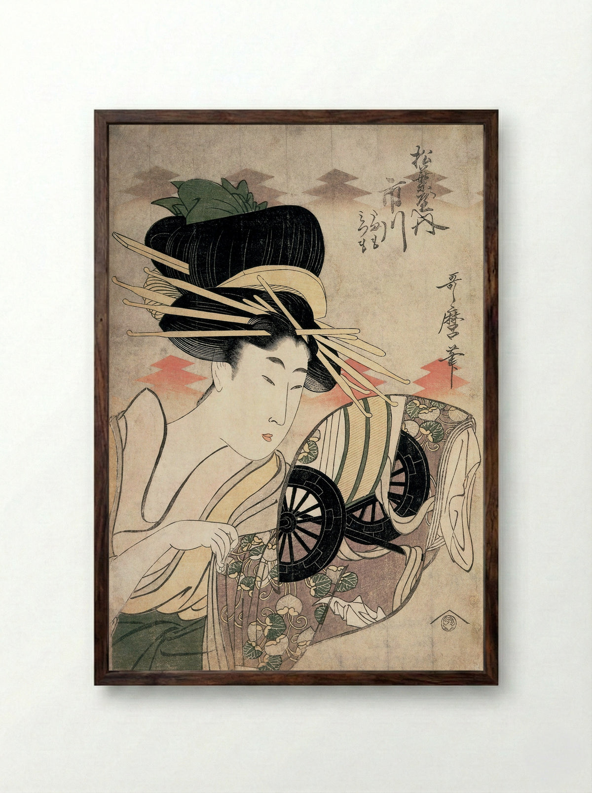 The Courtesan Ichikawa of the Matsubaya in Edo-machi Itchome, with her Child Attendants Tamamo and Mitsumo - Kitagawa Utamaro - Framed Print Dark Wood
