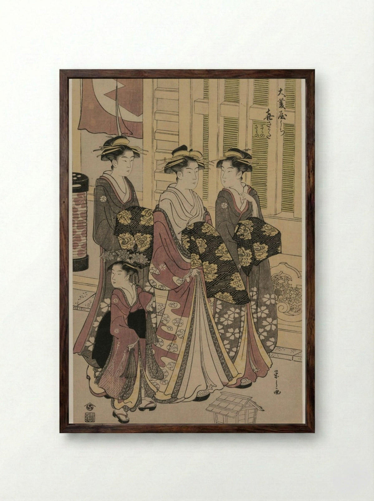 The Courtesan Kisagata of Ohishiya Strolling at Night with Two Shinzo and a Kamuro - Chōbunsai Eishi - Framed Print Dark Wood