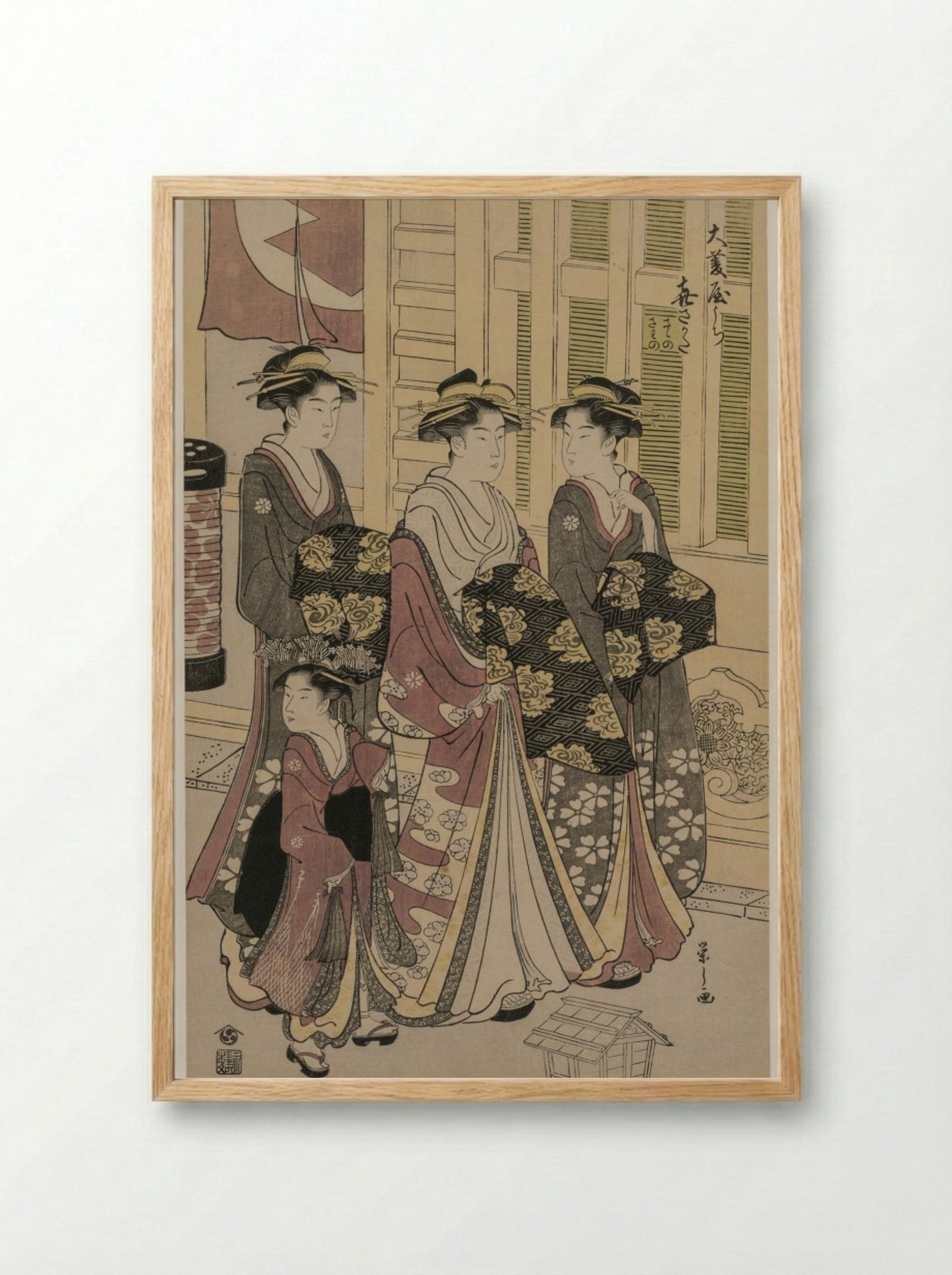The Courtesan Kisagata of Ohishiya Strolling at Night with Two Shinzo and a Kamuro - Chōbunsai Eishi - Framed Print Wood