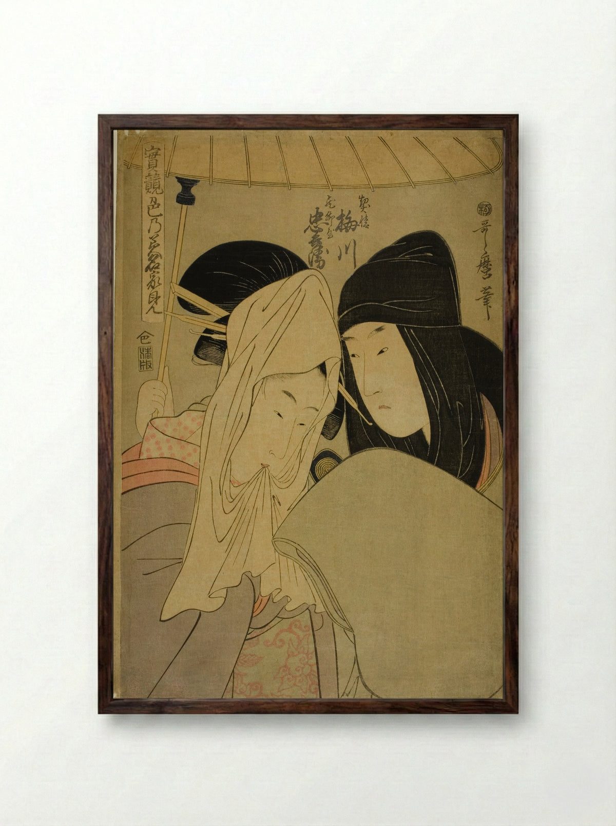 The Courtesan Umegawa and Chubei of the Courier Firm - Kitagawa Utamaro - Framed Print Dark Wood