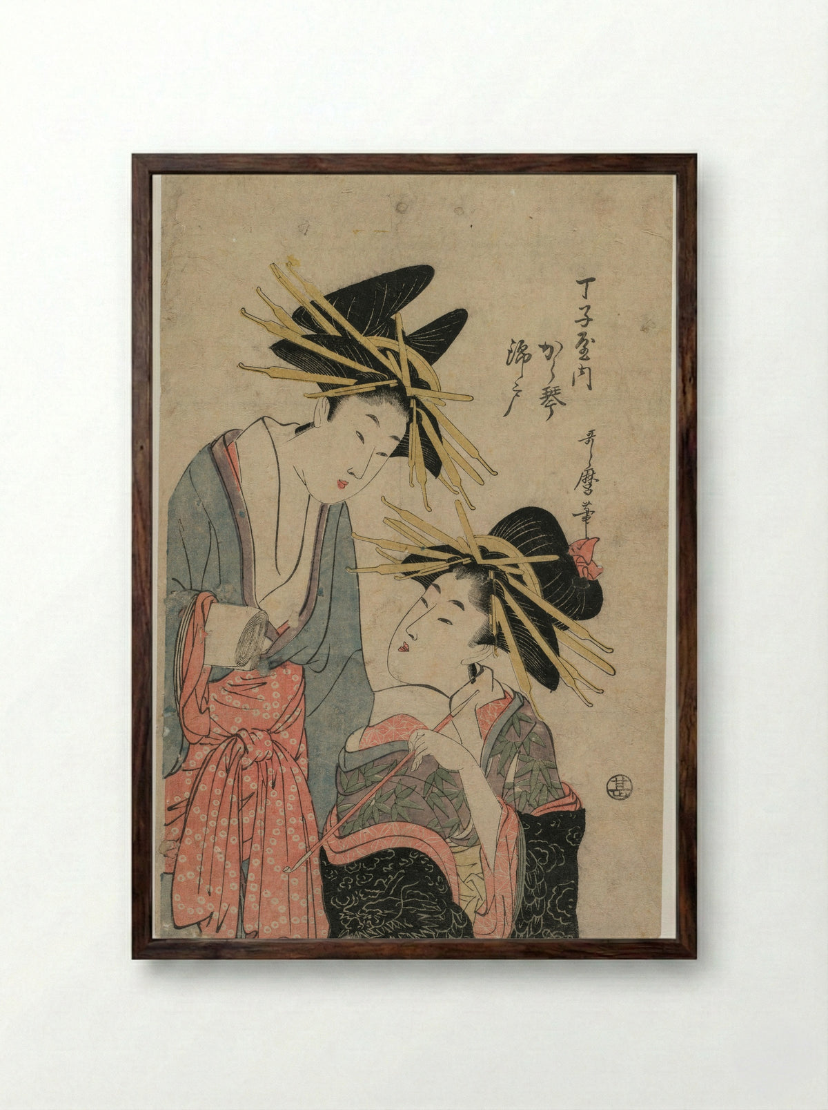 The Courtesans Karagoto and Nishikido of Chojiya - Kitagawa Utamaro II - Framed Print Dark Wood