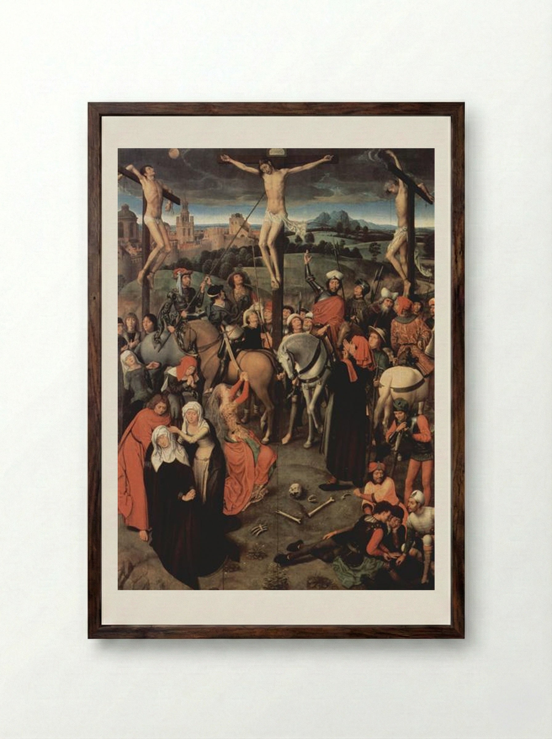 The Crucifixion (Greverade Triptych) - Hans Memling - Framed Print Dark Wood