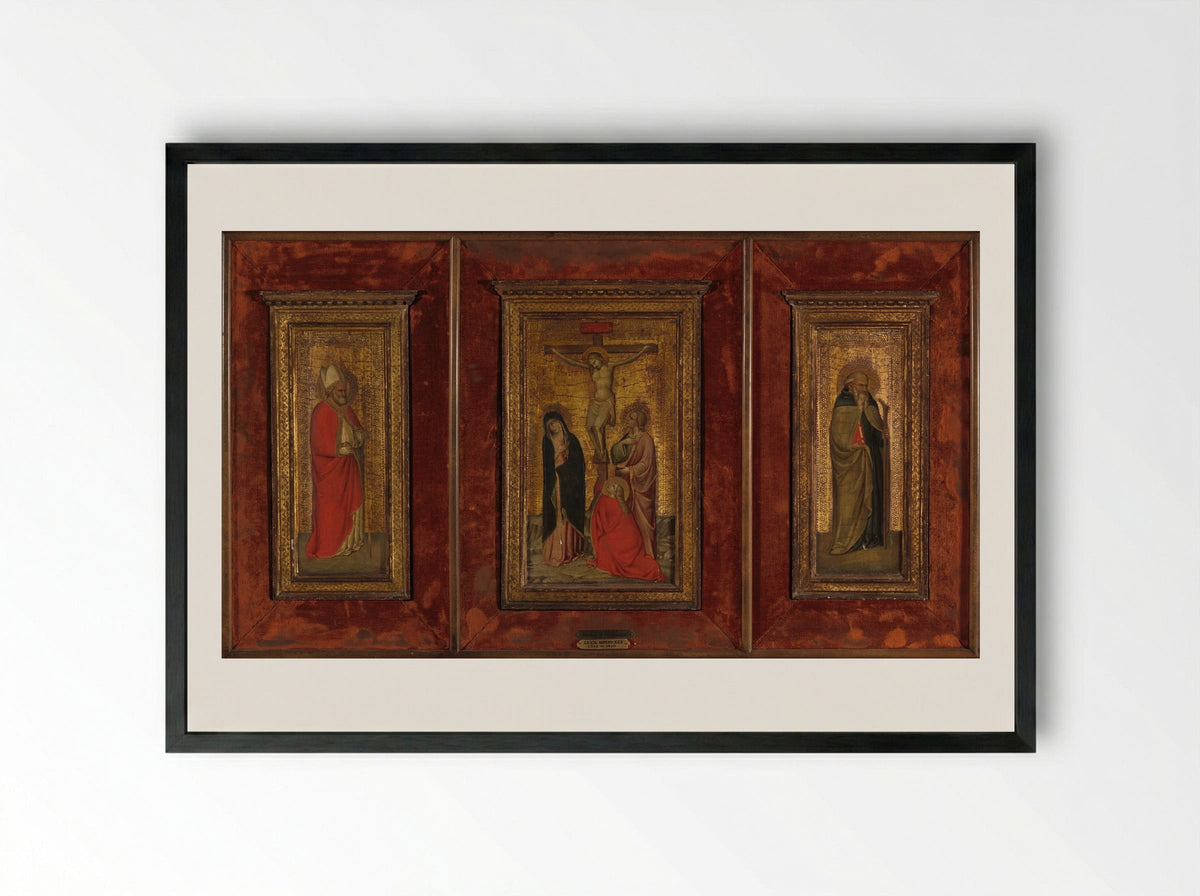 The Crucifixion, Saint Anthony Abbot and Saint Nicholas - Lorenzo di Niccolò - Framed Print Black