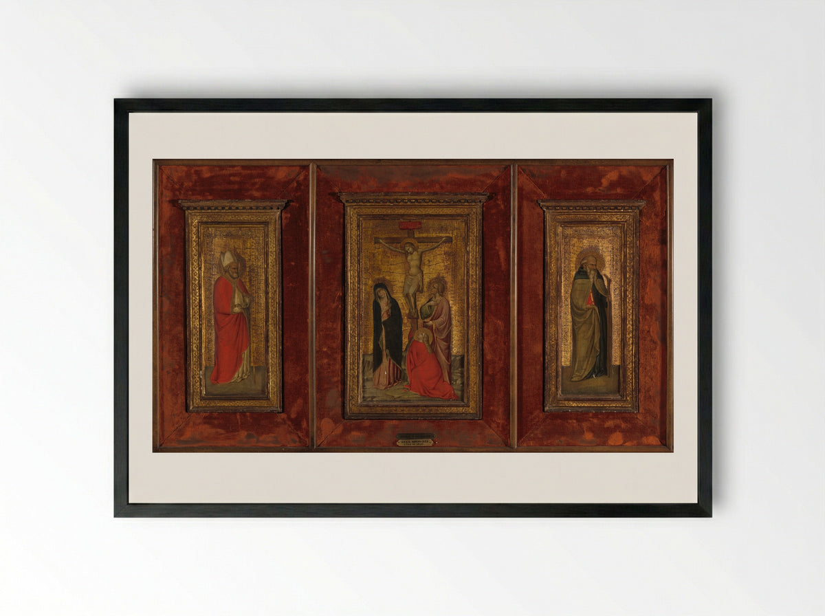 The Crucifixion, Saint Anthony Abbot and Saint Nicholas - Lorenzo di Niccolò - Framed Print Black