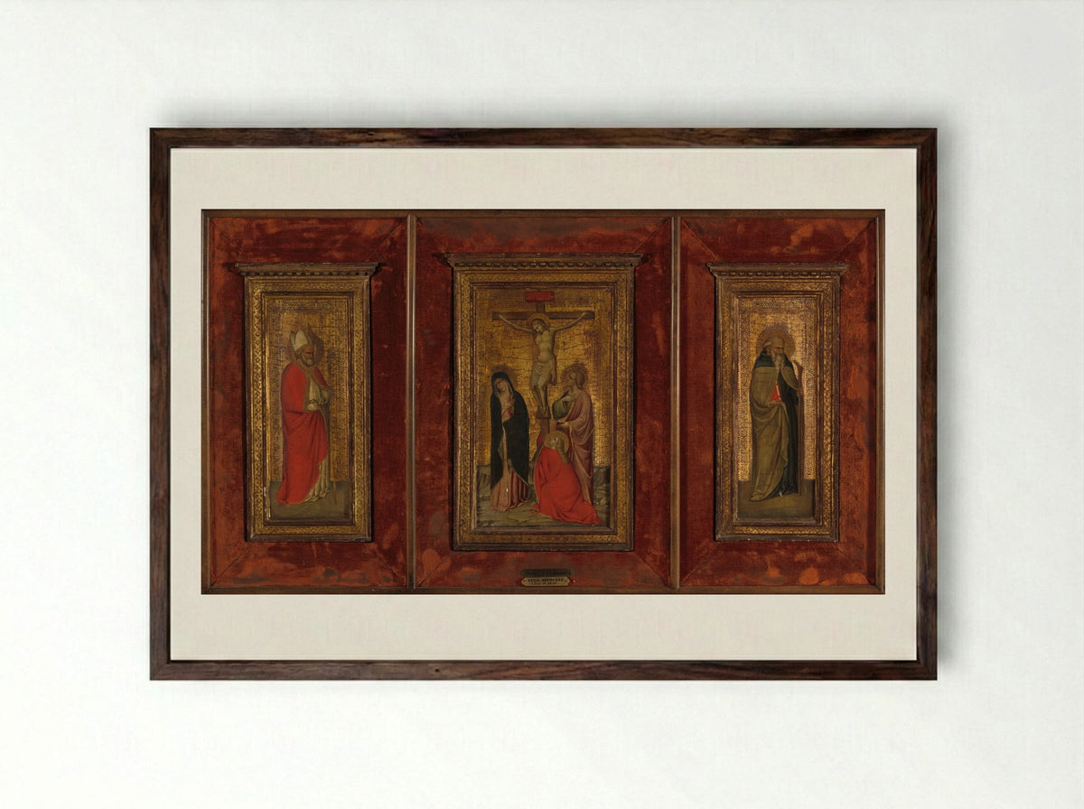 The Crucifixion, Saint Anthony Abbot and Saint Nicholas - Lorenzo di Niccolò - Framed Print Dark Wood