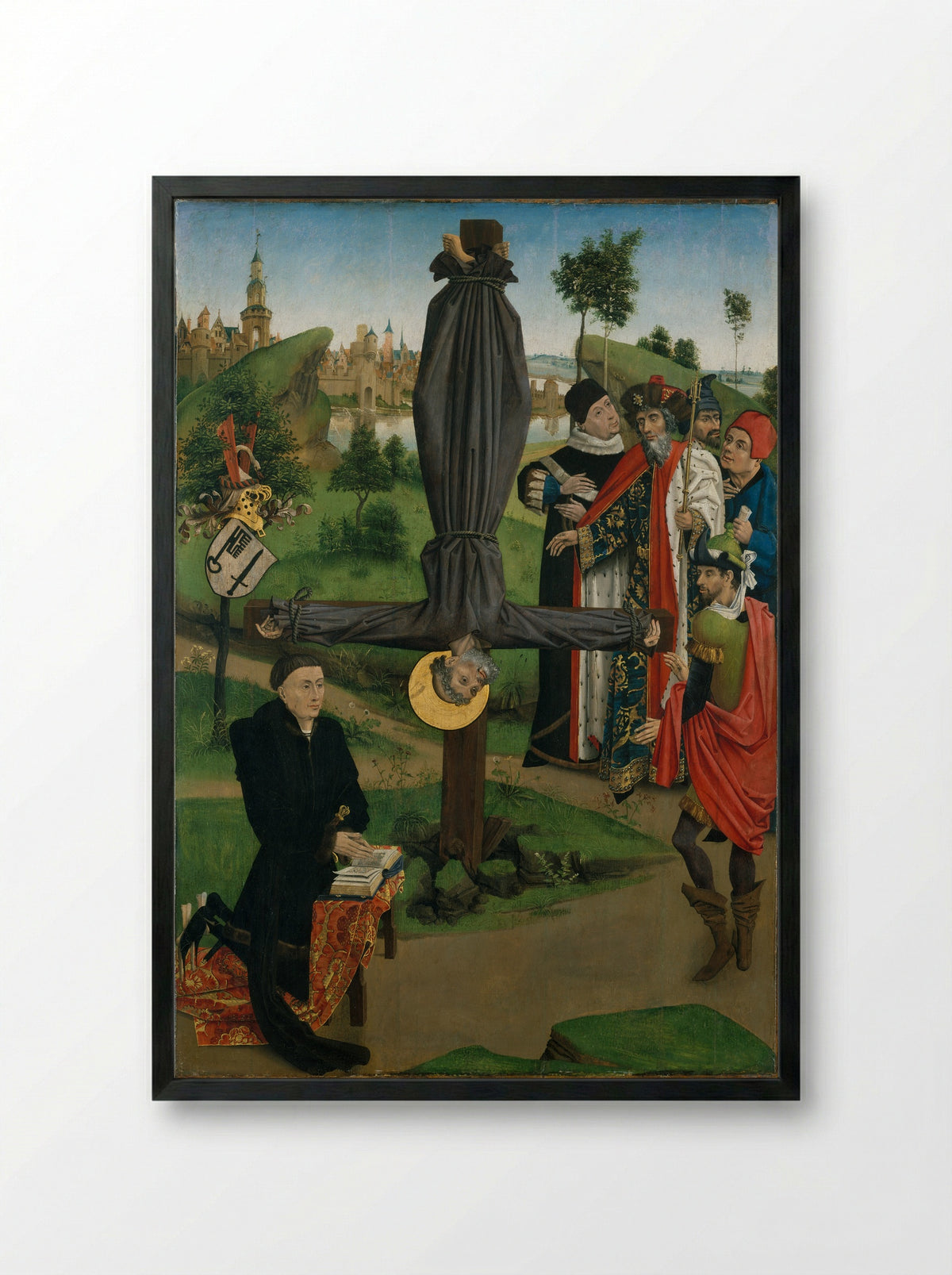 The Crucifixion of Saint Peter with a Donor - Northern French Painter - Framed Print Black