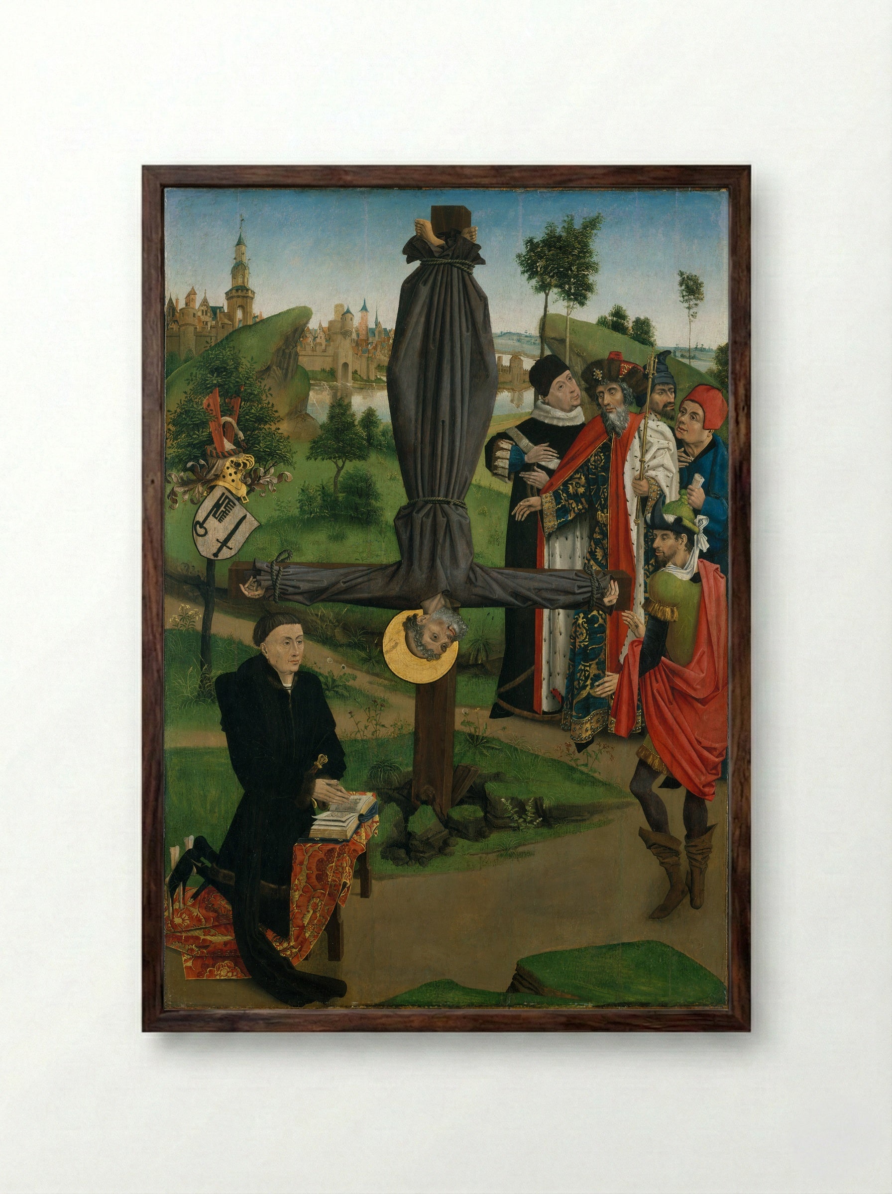 The Crucifixion of Saint Peter with a Donor - Northern French Painter - Framed Print Dark Wood