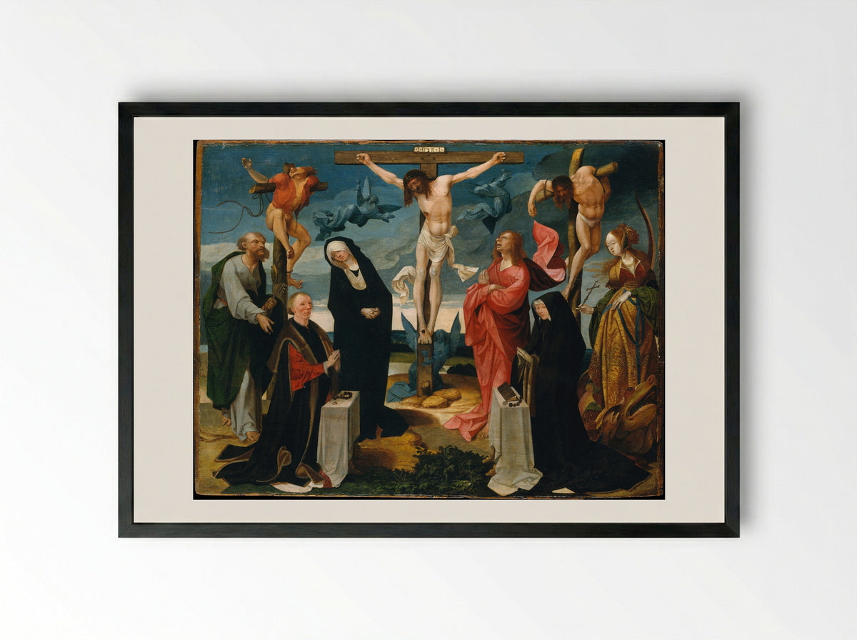 The Crucifixion with Donors and Saints Peter and Margaret of Antioch - Cornelis Engebrechtsz - Framed Print Black